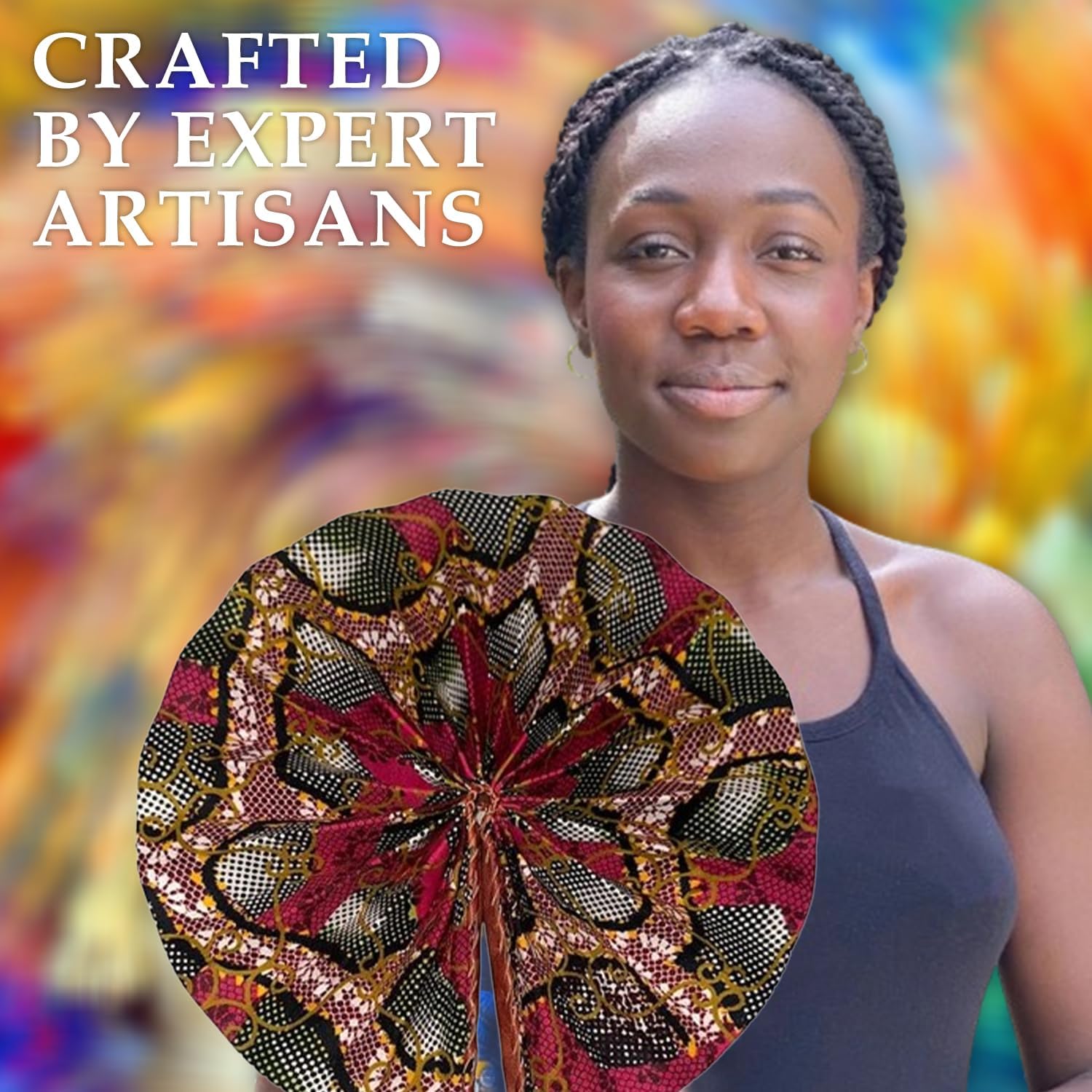 Ruth's Orchid Ghanaian Foldable Handheld Fan - African Fabric Folding Fan - Summer Hand Fan - Portable Folding Fan - African Hand Fan with Leather Handle - Perfect for Home Décor (Pomegranate)