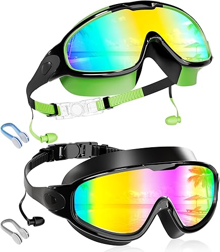 Aegend Paquete de 2 gafas de natación de visión amplia, antivaho, UV, sin fugas, con tapones para los oídos para niños de 3 a 14 años