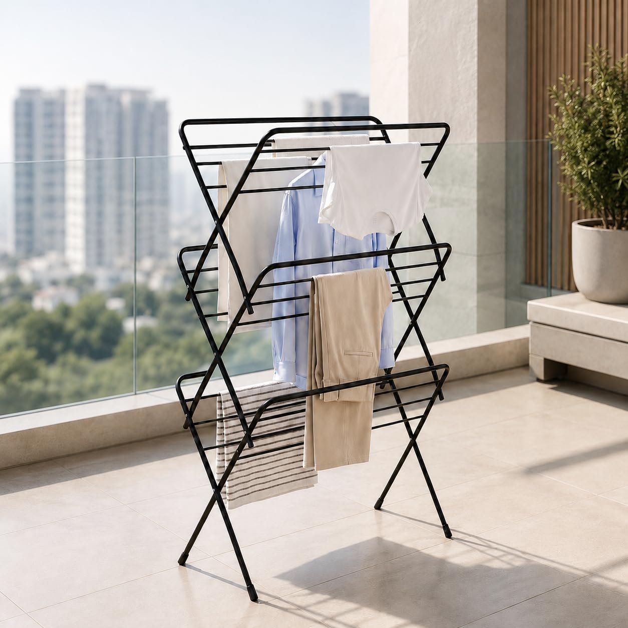 Lifelong Foldable Cloth Drying Stand for Balcony | 3-Tier Heavy Duty Laundry Rack for Indoor & Outdoor | Portable Standing Clothes Dryer with Anti-Slip Feet | Space Saving Steel Rack for Home Use-image-3