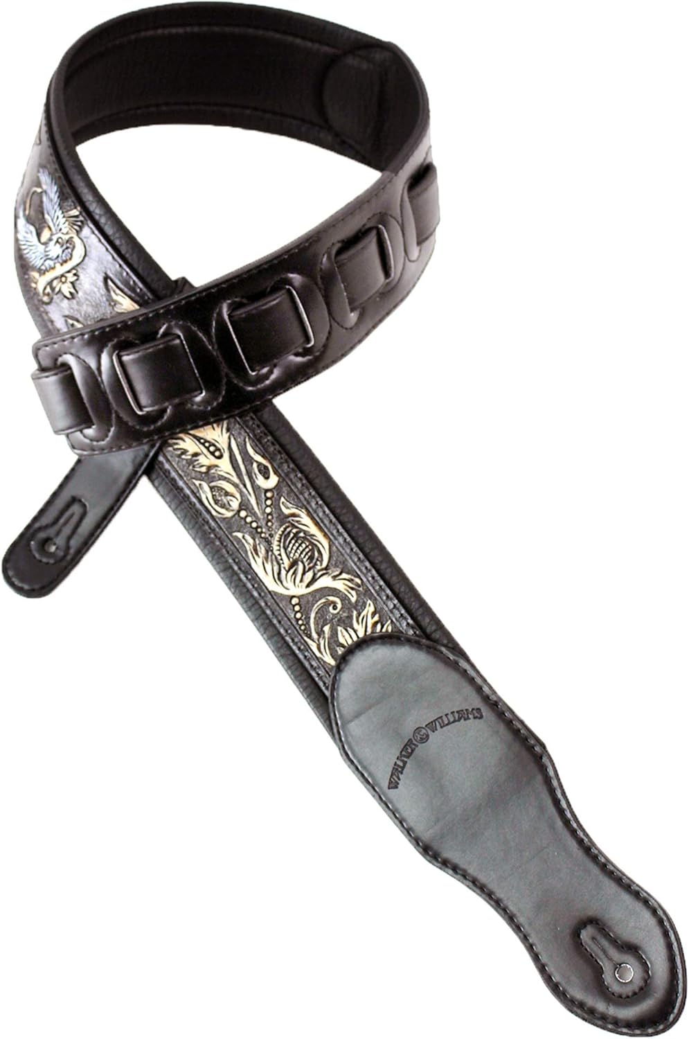 Walker & Williams KB-04-BLK Black Full Grain Handmade Center Block Premium Carving Leather Padded Guitar Strap With Banner Eagle And Vines For Acoustic, Electric, And Bass Guitars