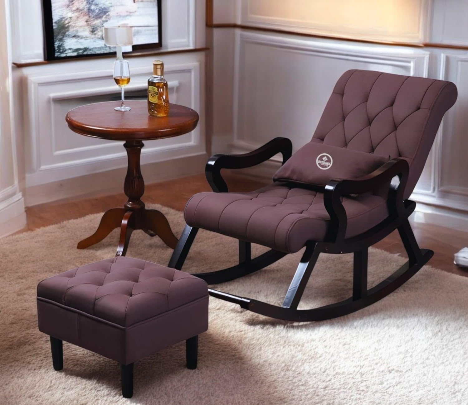 DESIGNER LIBRARY- Solid Sheesham Wood Rocking Chair for Living Room with Footrest and Pillow | Ergonomic Resting Chair with Ottoman for Relaxing and Pregnant Women (Brown)-image-5