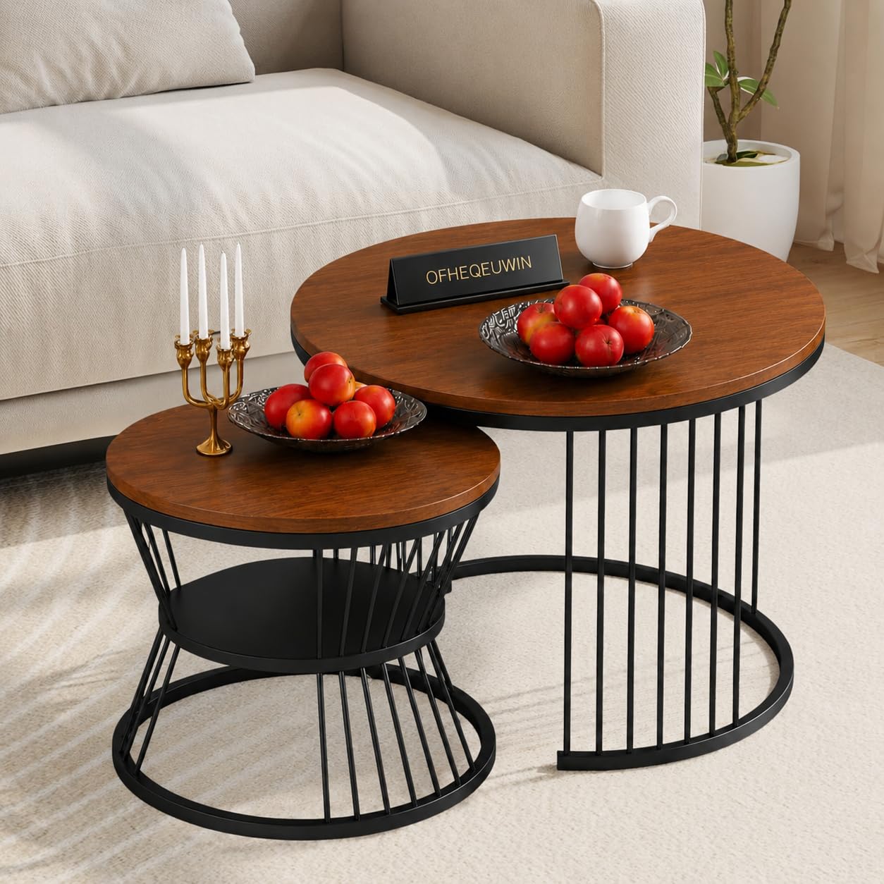Coffee Table for Living Room Contemporary Center Table Set of 2 Balcony Coffee Table Nightstand Combination Bedside Table Small Round End Table (Black Brown)-image-37
