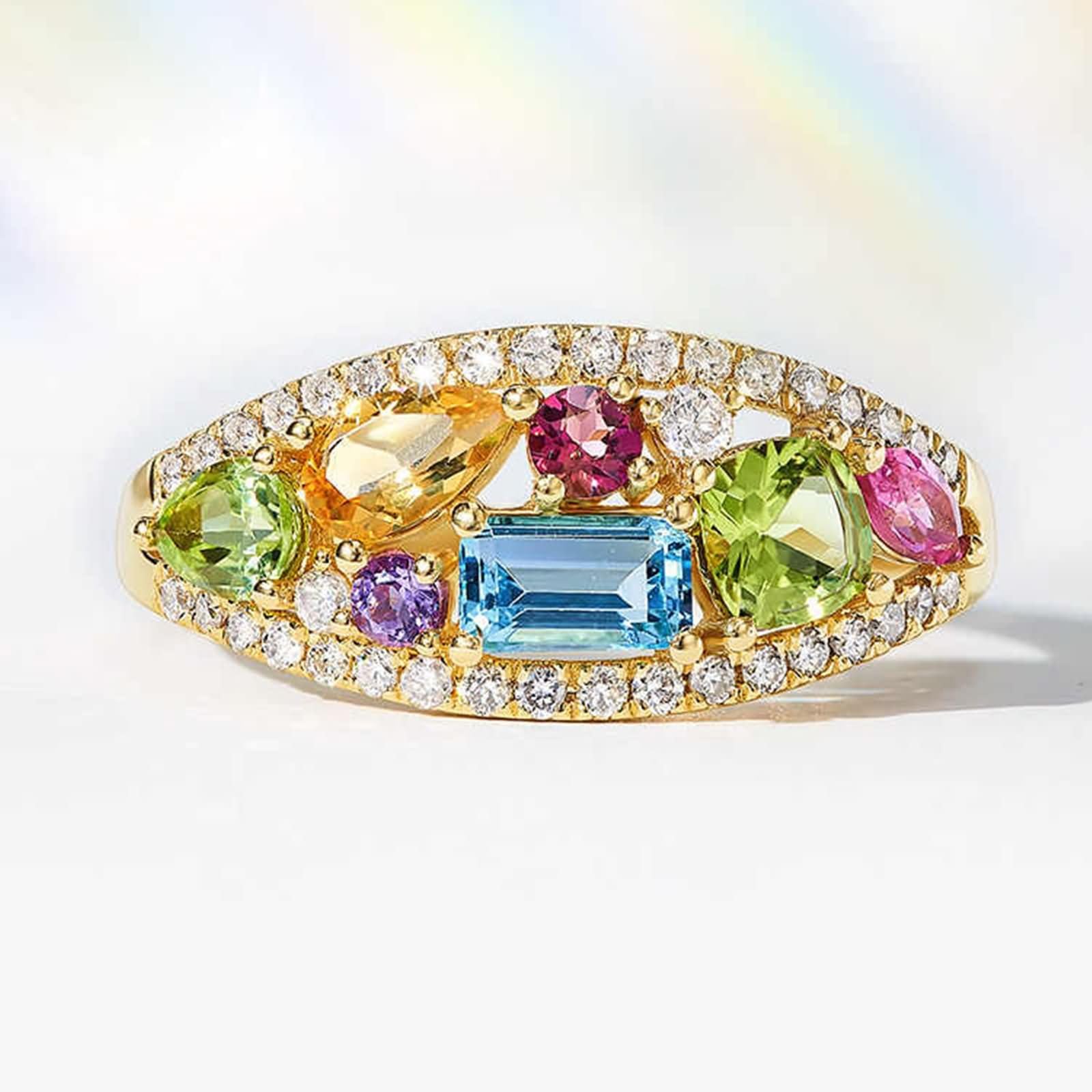 9K damski pierścionek z żółtego złota, geometryczny z kolorowymi kamieniami szlachetnymi 1,2 ct, pierścionek ślubny, żółte złoto, rozmiar 11 (51 mm)