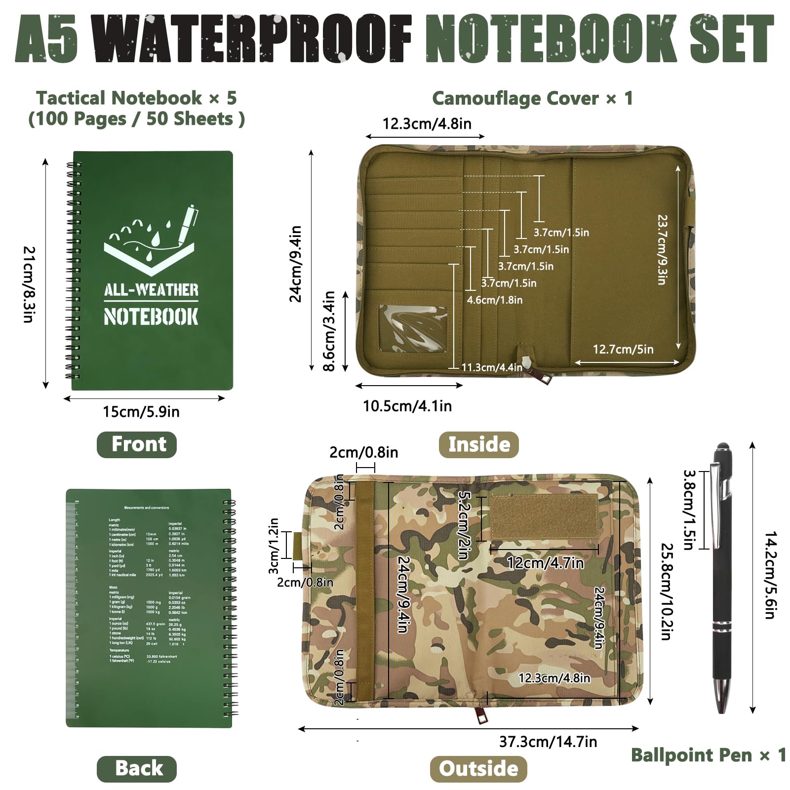 7PCS wasserdichtes Notebook-Set, Witterpapier-Top-Notizbuch mit wasserdichtem Stift und Geheimtipps, 15cmx21cm Notebook geeignet für Outdoor-Aktivitäten Büro Zuhause