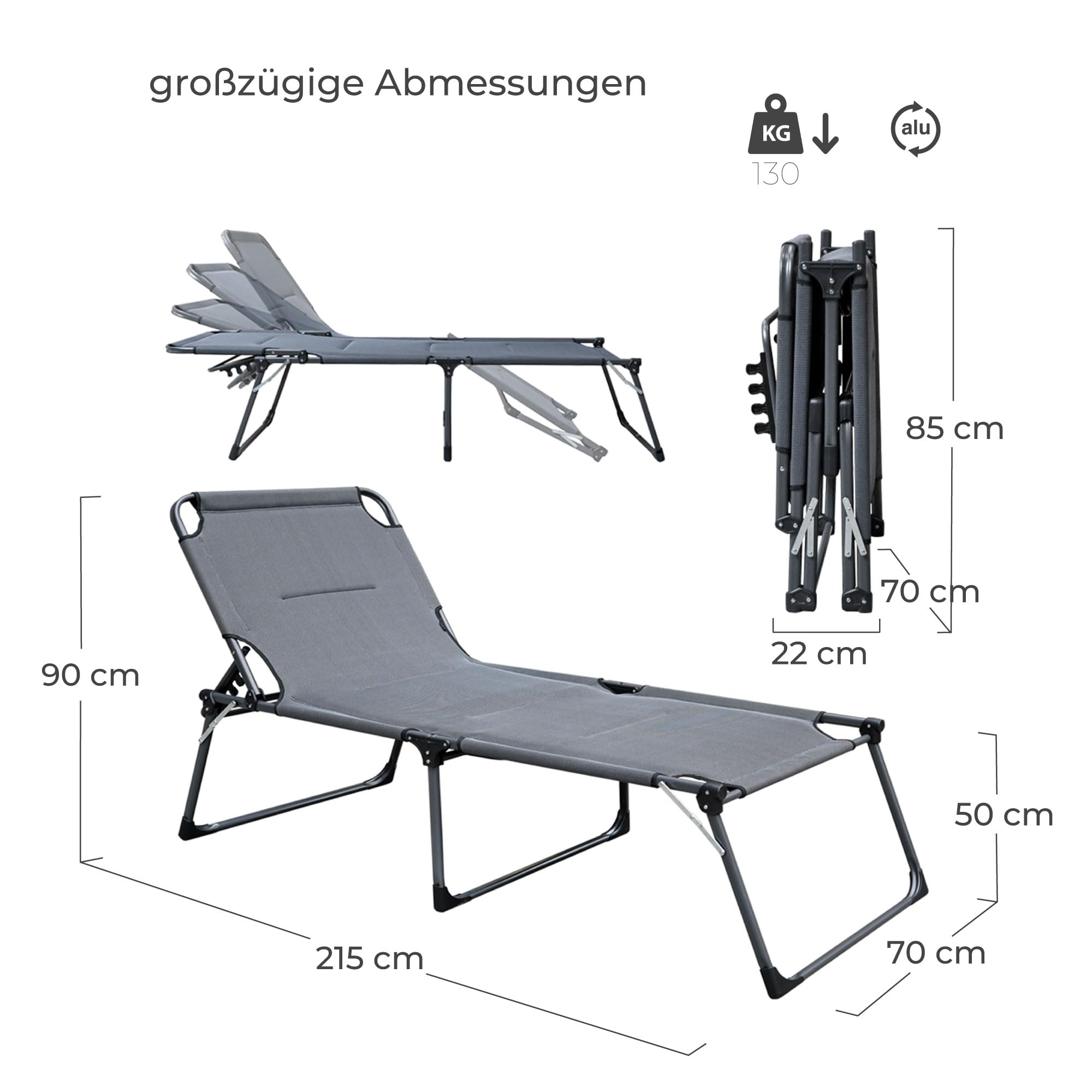 hausratplus Sonnenliege XXL Dreibeinliege Soft Touch 3D gepolstert | Abmessungen: 215 x 70 x 50/90 cm (L x B x H) 130 kg Tragkraft | 4-Fach verstellbares Kopfteil | zusammenklappbar anthrazit/grau