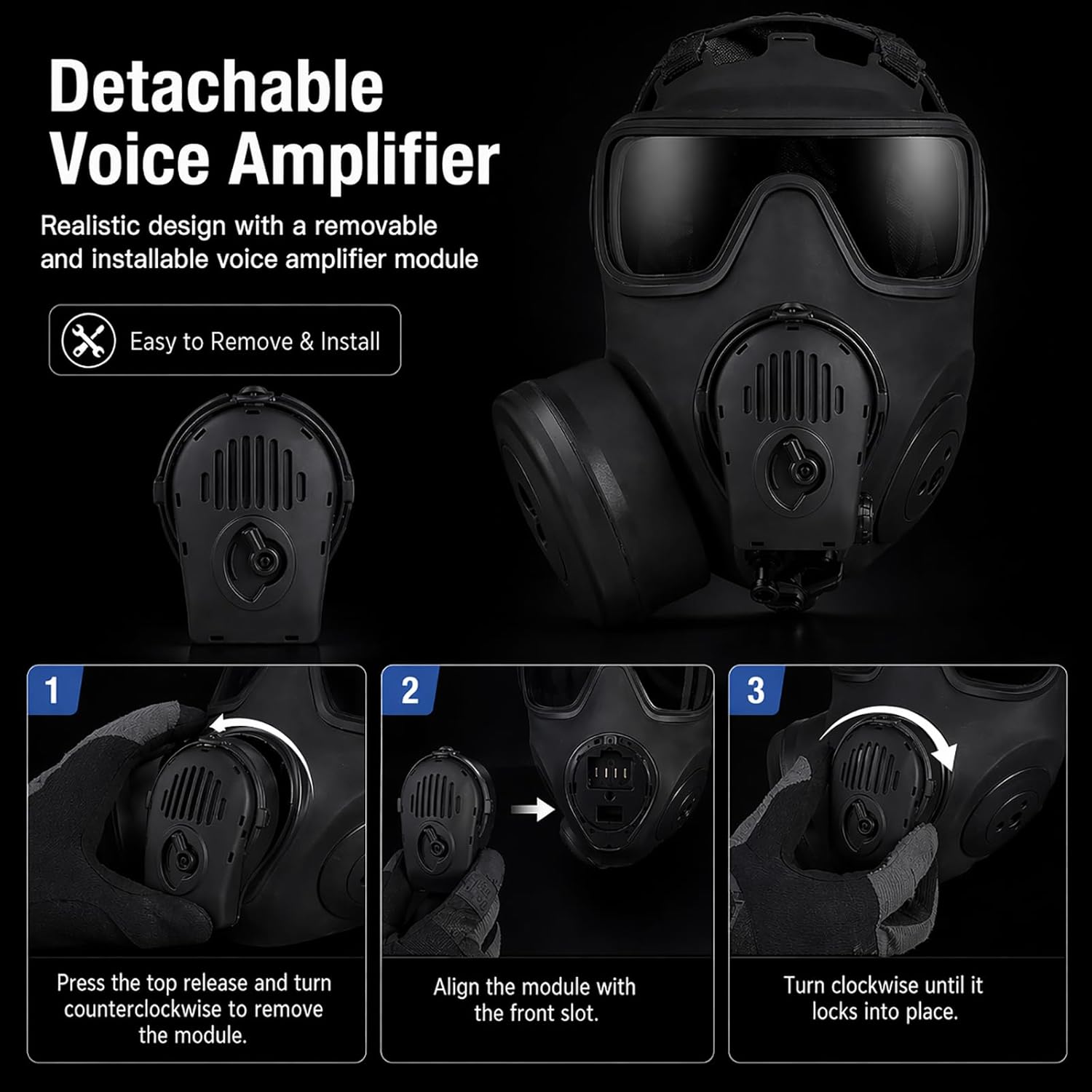 Tactical Airsoft Full Face Mask with Built-in Microphone, Single Fan Canister, Dummy Voice Amplifier Model & 2 Communication Adapter Cables, Left/Right Reversible Canister Mount, Black