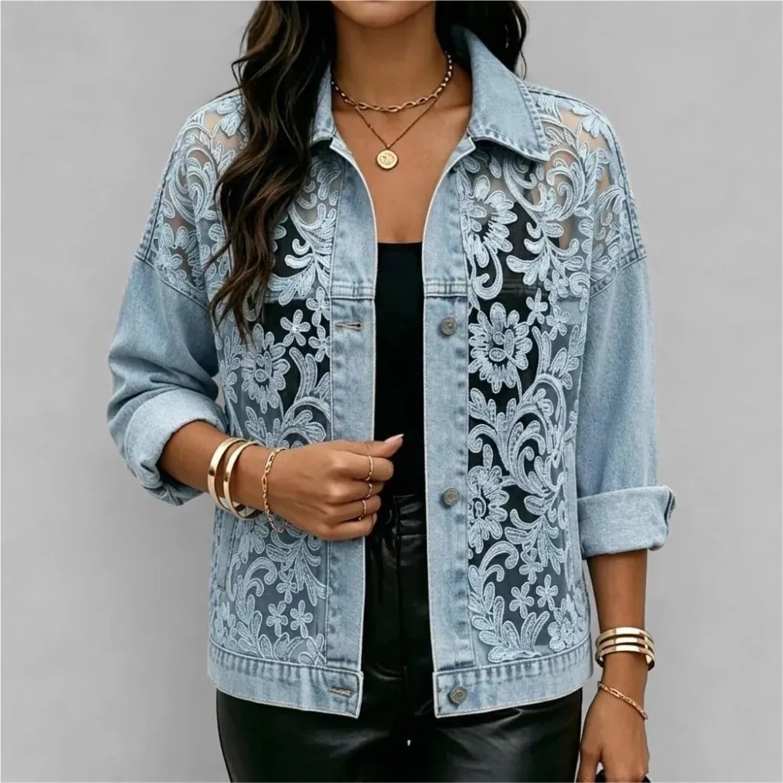 Giacca di Jeans Donna Capispalla corto con giacca a maniche lunghe in denim patchwork ricamato in pizzo floreale trasparente Per uscire