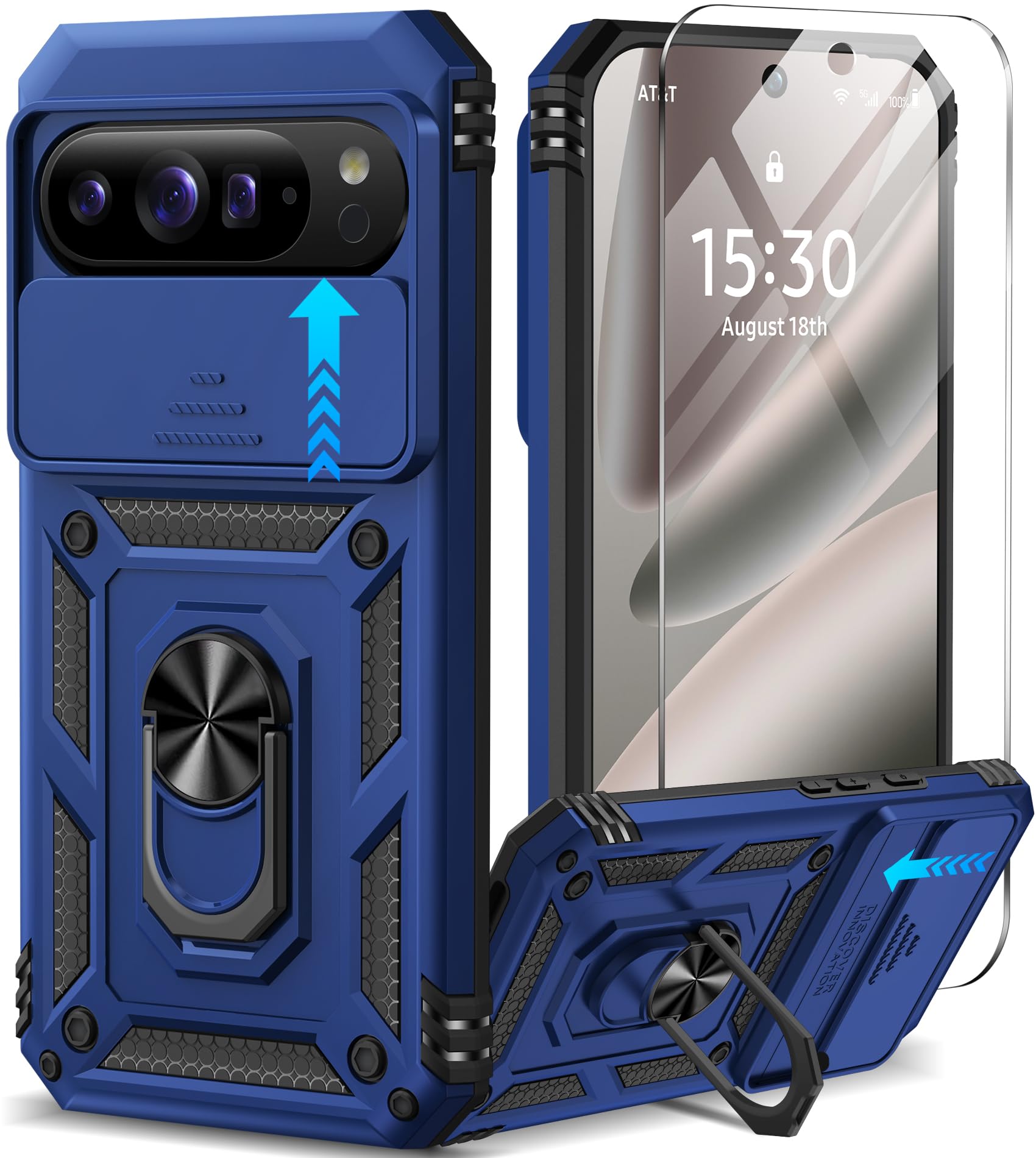 Taisairu for Google Pixel 10 Pro XL Case with Screen Protector & Slide Camera Lens Cover,Built-in 360°Rotate Magnetic Ring Stand Shockproof Protective Phone Case for Pixel 10 Pro XL Case (Blue)