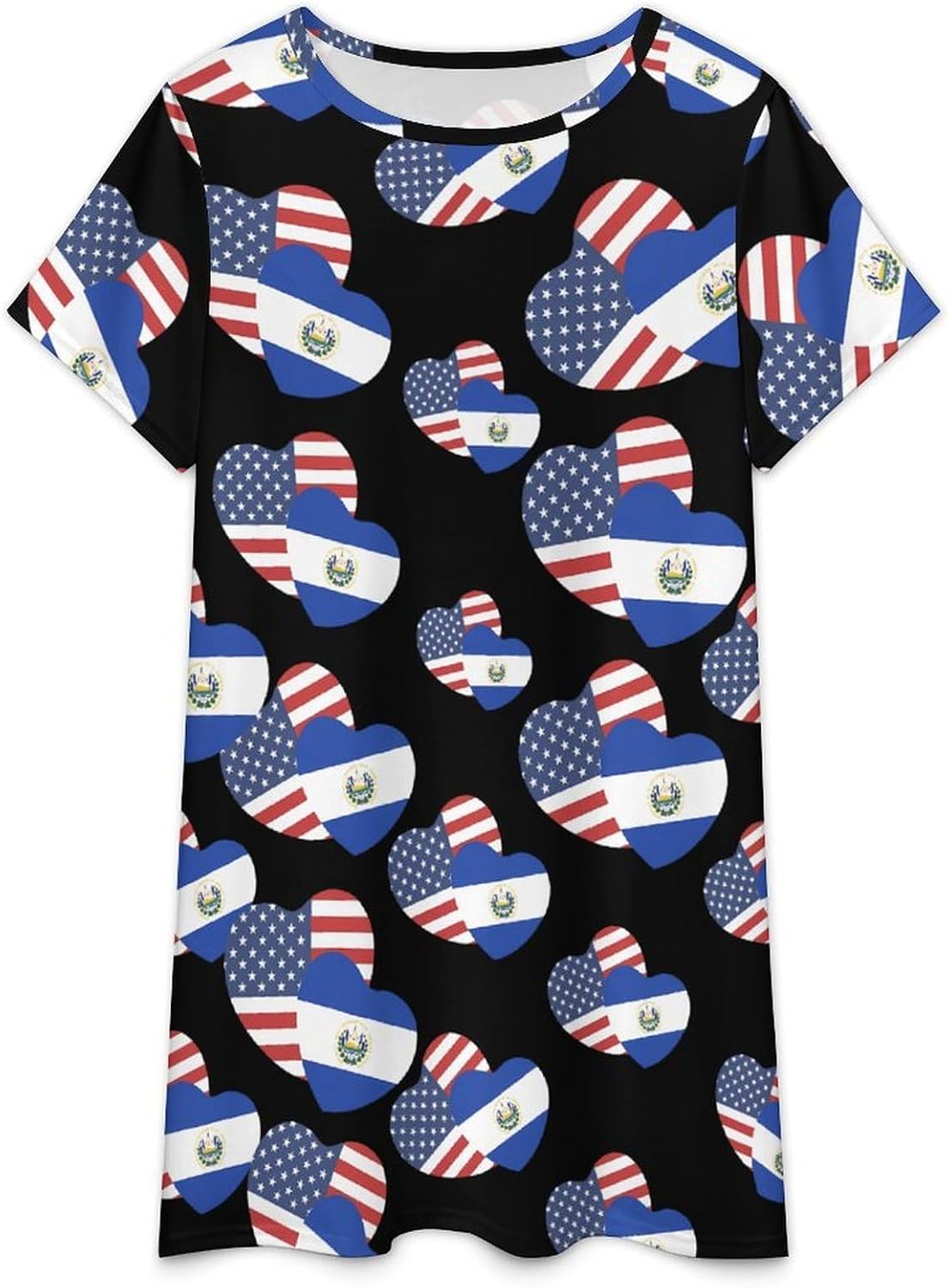 El Salvadorian American Flag Hearts Women's Nightgown Short Sleeve Sleep Shirt Casual Sleepwear Night Gowns Sleepdress
