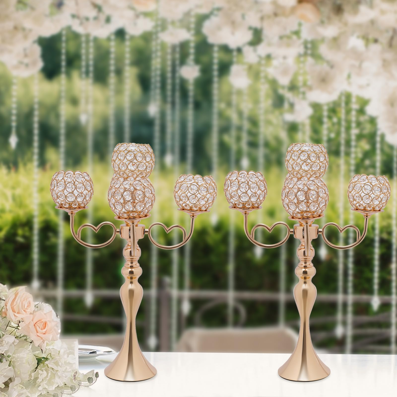 2 Pack 5 Arm Crystal Candelabra Centerpieces,21.5 Inch Tall Crystal Candle Holder Table Candelabra Stand with Crystal Candle Holder Bowl for Wedding Centerpieces Dining Coffee (Gold)