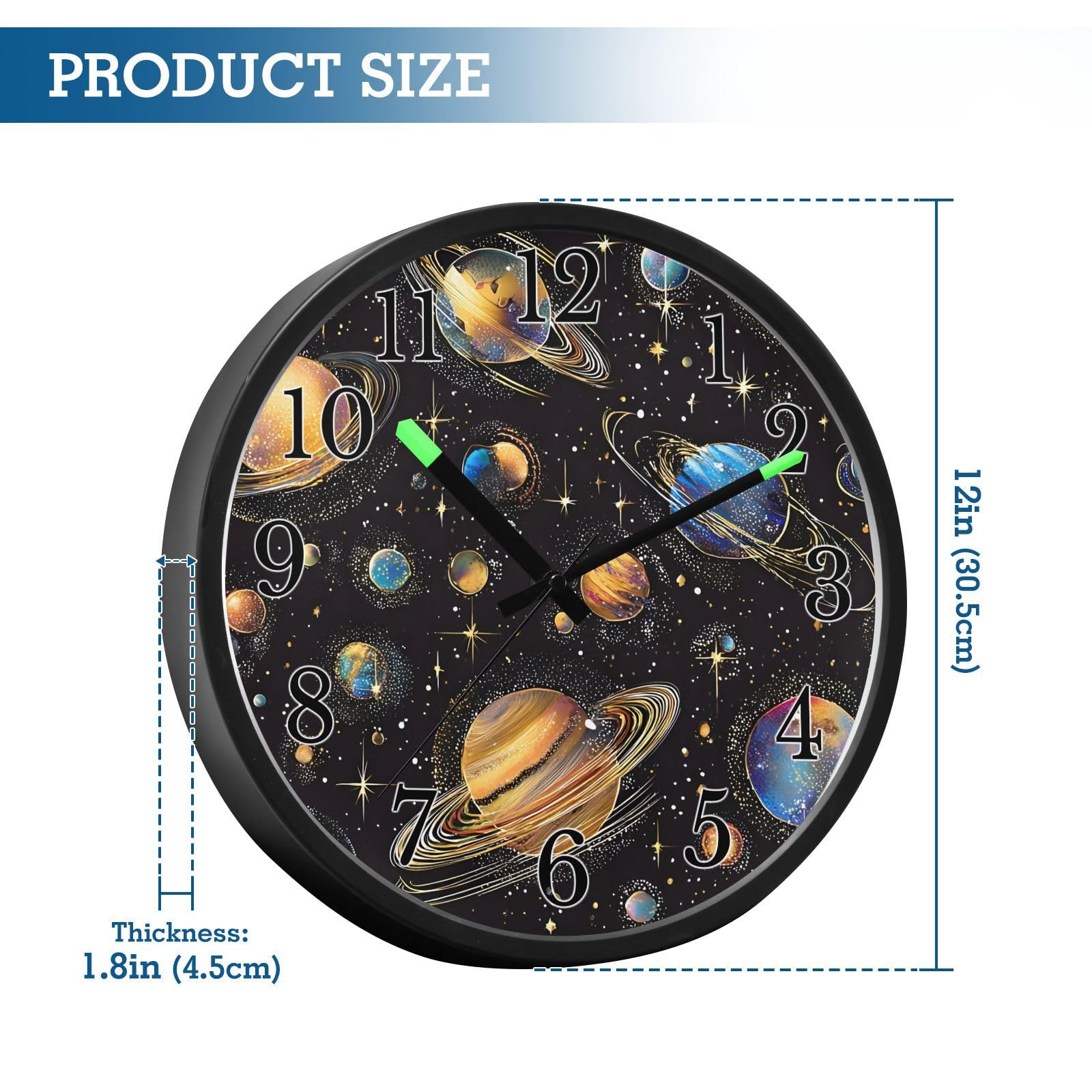 Mnsruu Reloj de pared luminoso, planetas coloridos, reloj de pared que brilla en la oscuridad, funciona con pilas, 12 pulgadas, silencioso, sin tictac, luz nocturna para dormitorio