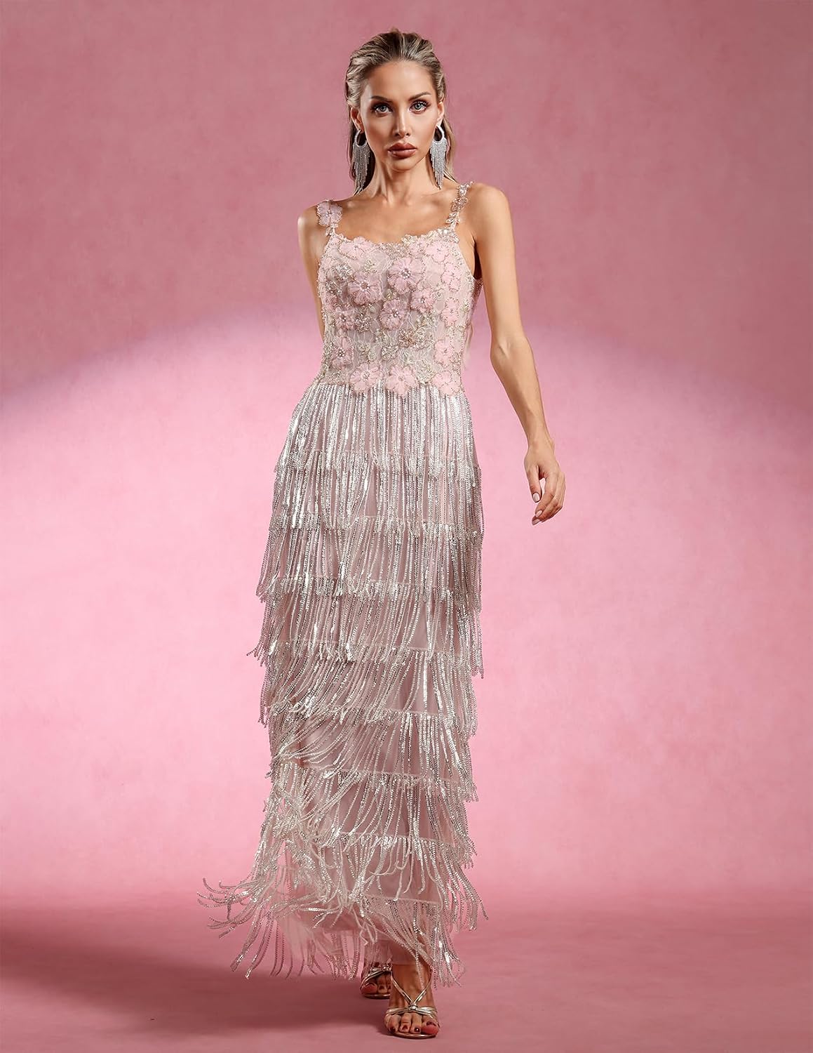 Summer Pink Charming Maxi Spaghetti Strap Mesh Sequin Dress Floral Pearl Beads Tiered Fringe Dress for Women Party Prom