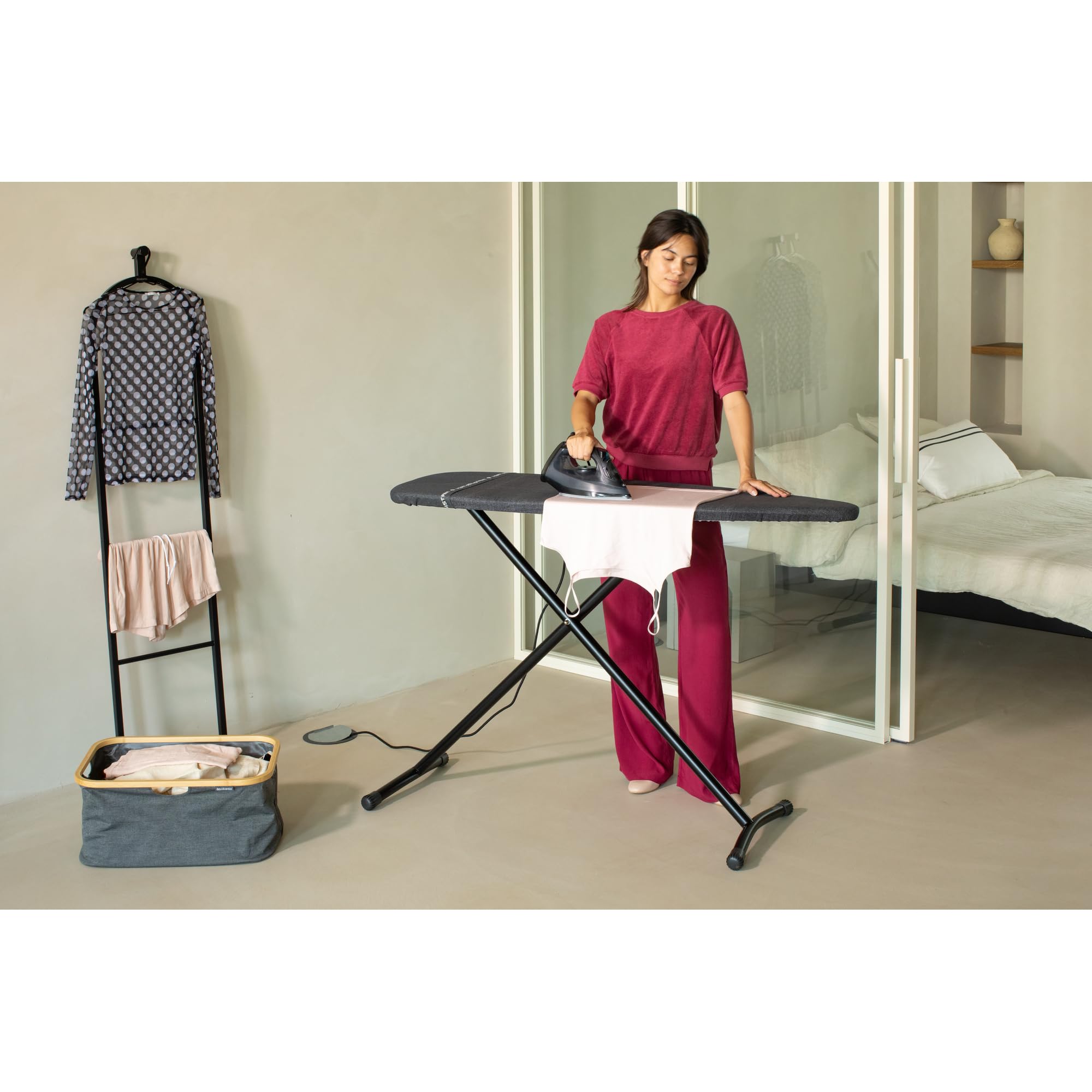 Brabantia Ironing Board D, 135x45cm - Denim Black | 100% Fairtrade Cotton | XL Ironing Board & Wide Surface | Heat Resistant Zone for Steam Generators | Foldable Iron Table & Sit-Down Use