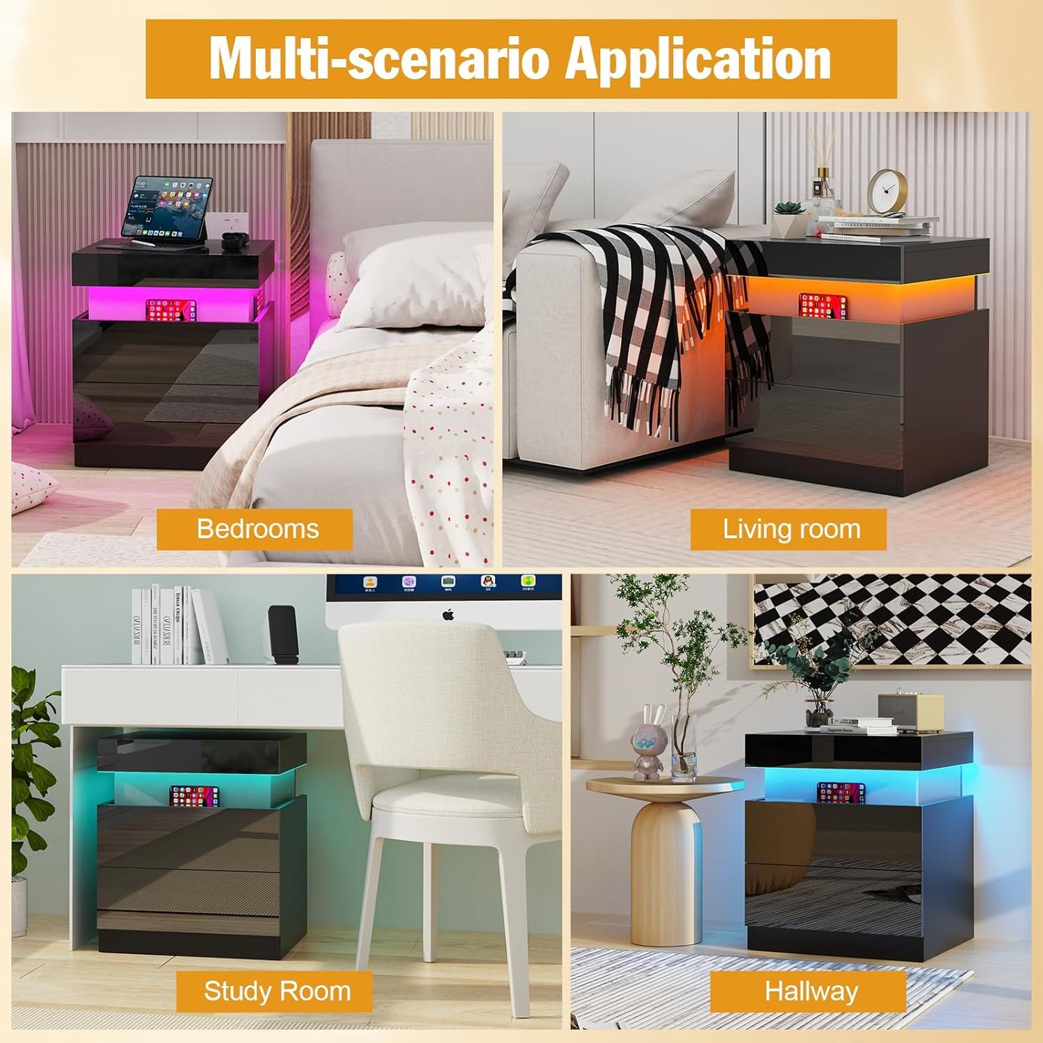 Moderno Comodino Lucido Nero Comodini Grande Comodino Tavolino con 2 cassetti per camera da letto, soggiorno