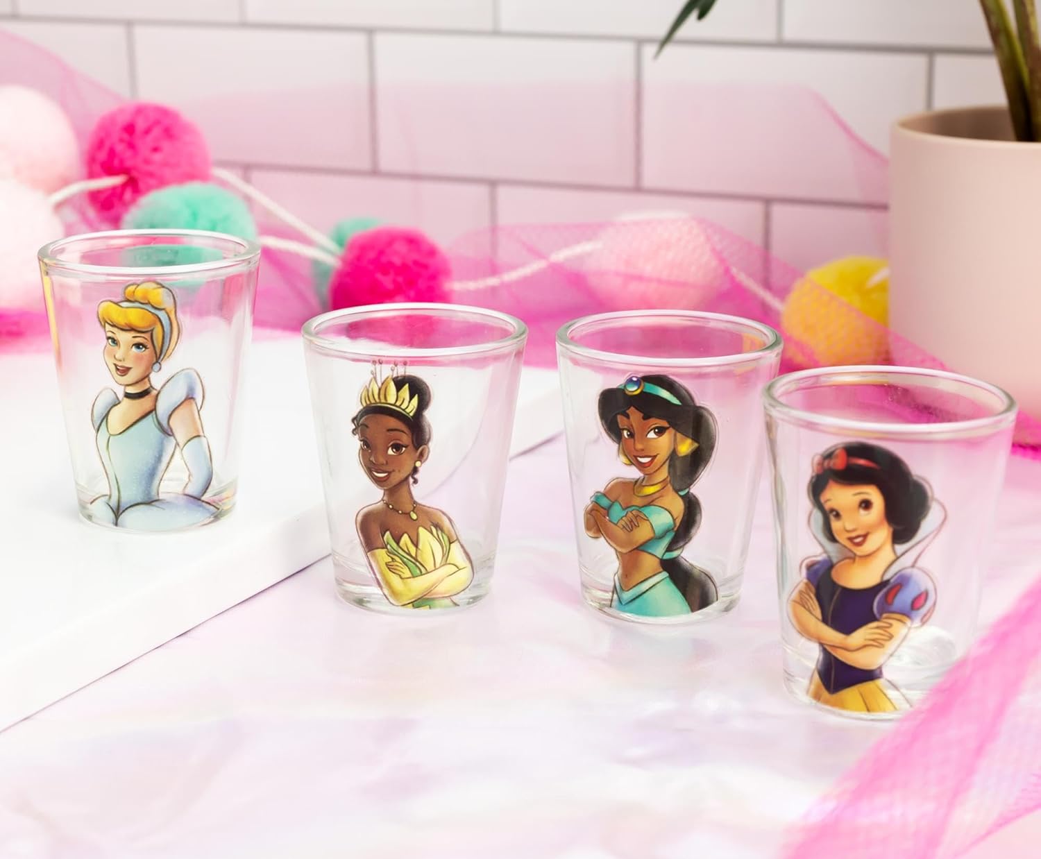 Silver Buffalo Disney Princess Vintage Sketch Featuring Cinderella, Tiana, Snow White, and Jasmine 4 Pack Mini Glasses, 1.5 Ounces - Image 6