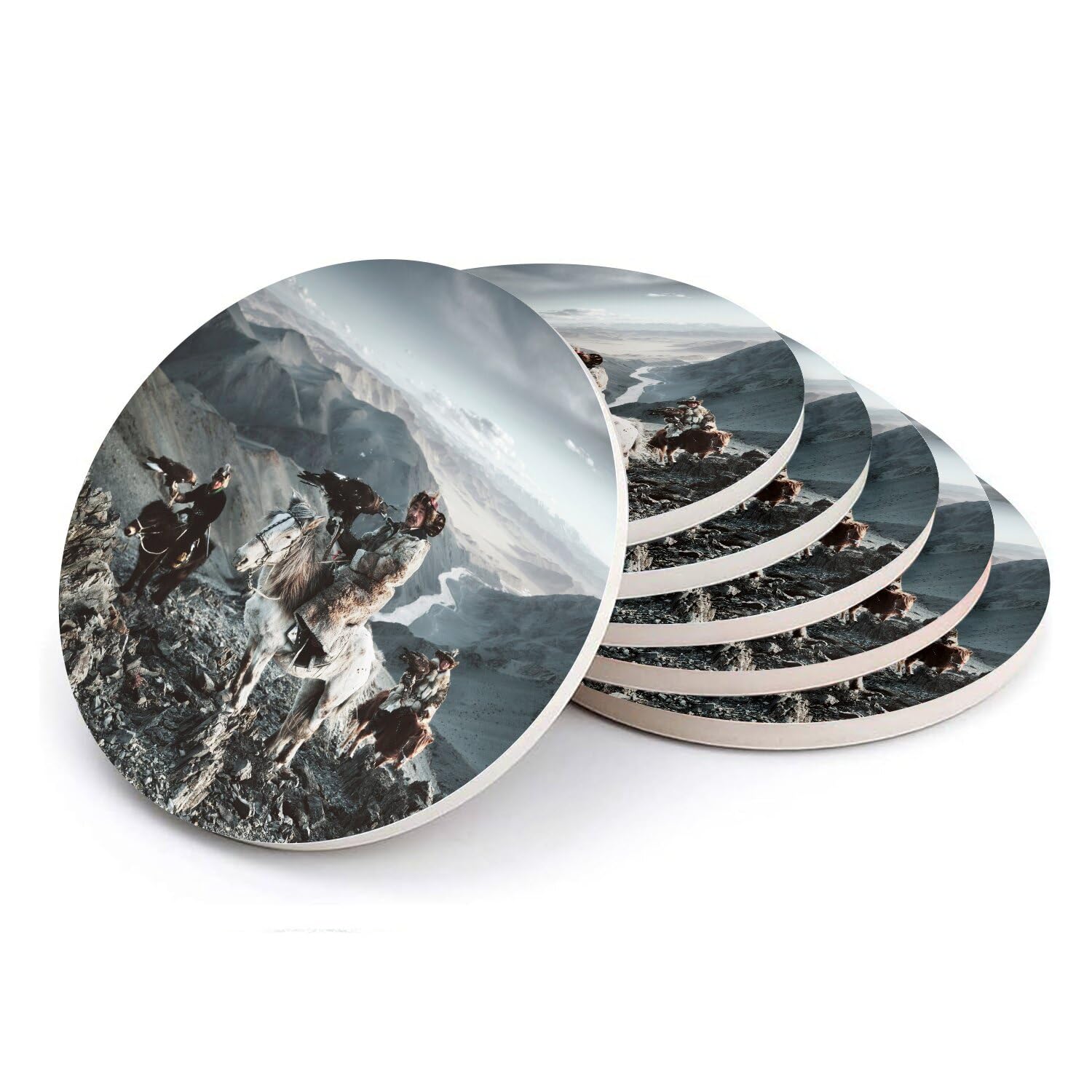 Sous-verres ronds en céramique Chasseurs d'Altaï | Lot de 6 dessous de verre photo 11x11cm