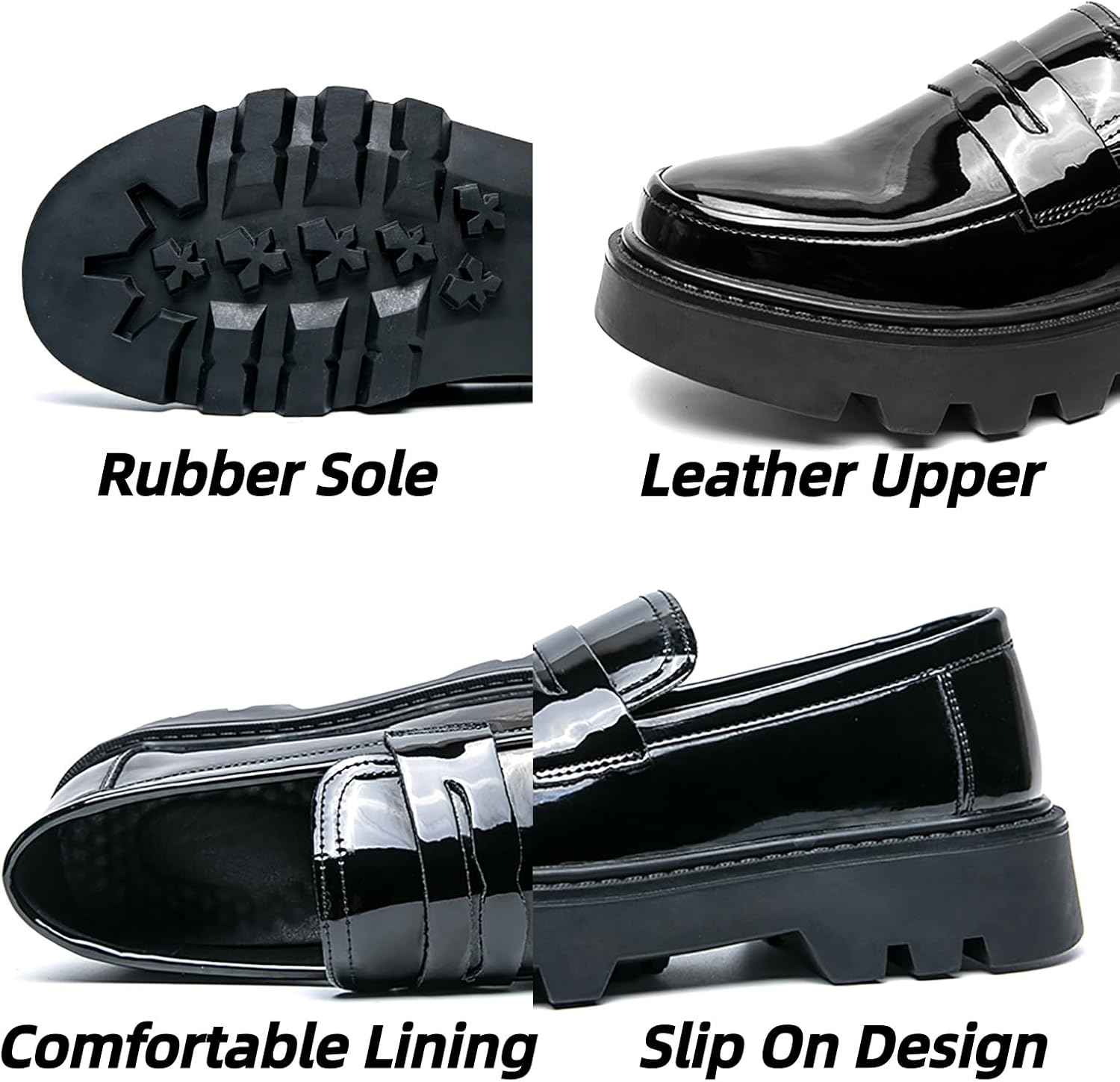 Men's Patent Leather Platform Chunky Slip-On Penny Loafers Classic Round Toe Lug Sole Business Casual Formal Work Dress Shoes