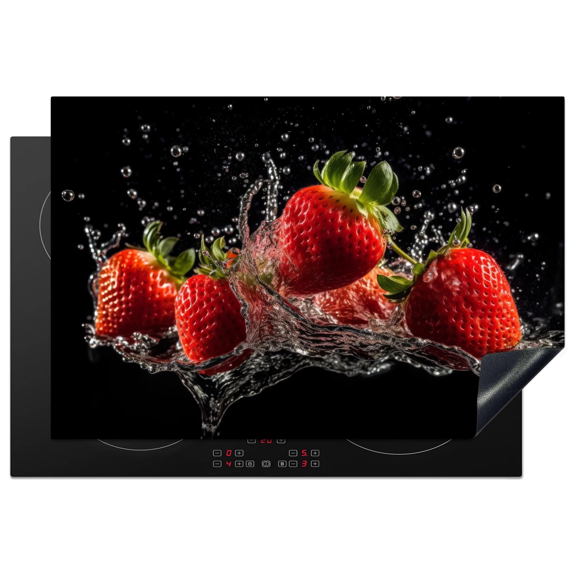 KitchenYeah© Induction Hob Cover Protector Mat 20.3"x29.9" / 76x51.5 cm Kitchen Universal Ceramic Covers for Electric Cookers Vinyl Strawberries - Fruit - Red - Water - Black