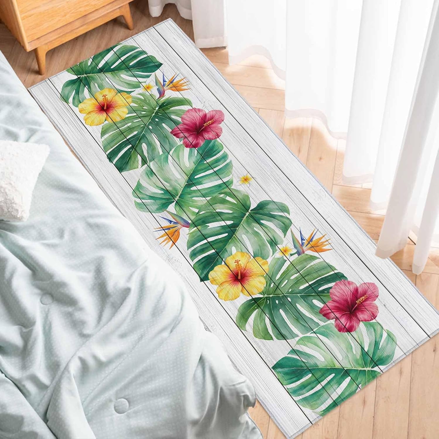 Kitchen Mats for Floor Green Monstera Yellow Pink Flower Washable Non Slip Kitchen Rugs 1PCS, Rustic Floral Leaf Wood Plank Absorbent Standing Mats for Sink Bathroom Office Living Room 23.6x70.9in
