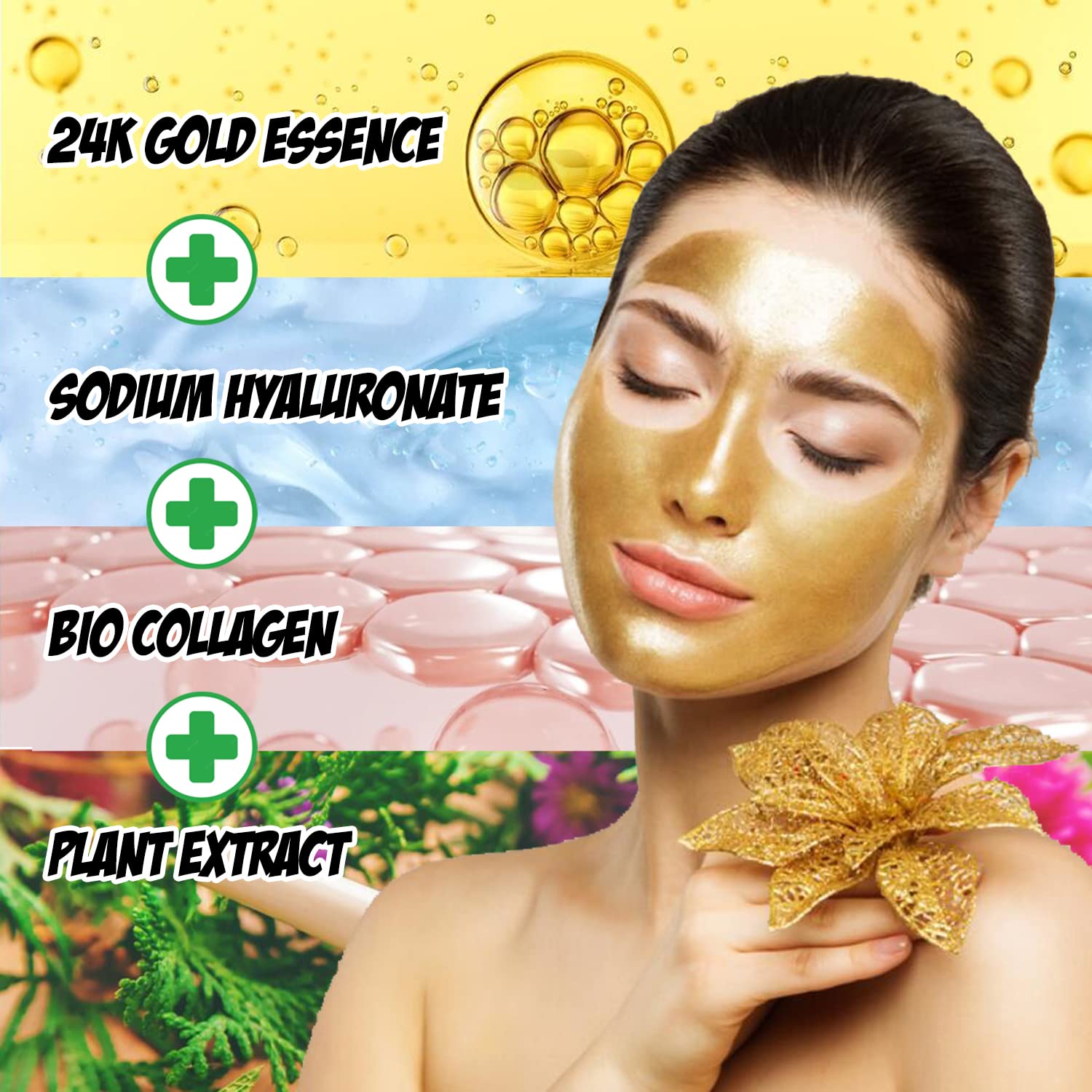 Collagen Face Sheeet Mask - Kolagen Anti-Aging Korean Face Sheeet Mask dla wszystkich rodzajów skóry - 15 arkuszy luksusowych z kolagenem i 24K złote (złote)