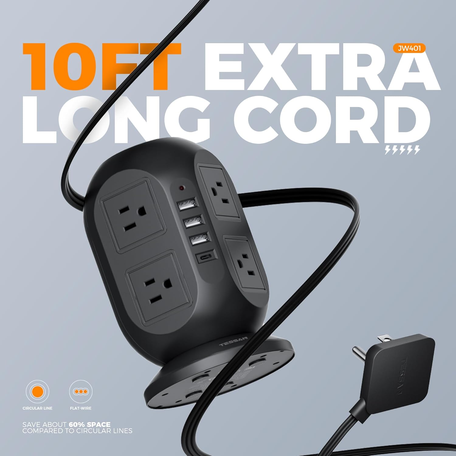 Tower Surge Protector Power Strip 10 ft, Long Flat Extension Cord with Multiple Outlets, 8 AC Outlets with 4 USB Ports (1 USB C), Charging Station with Surge Protection, for Home Office Dorm, Black