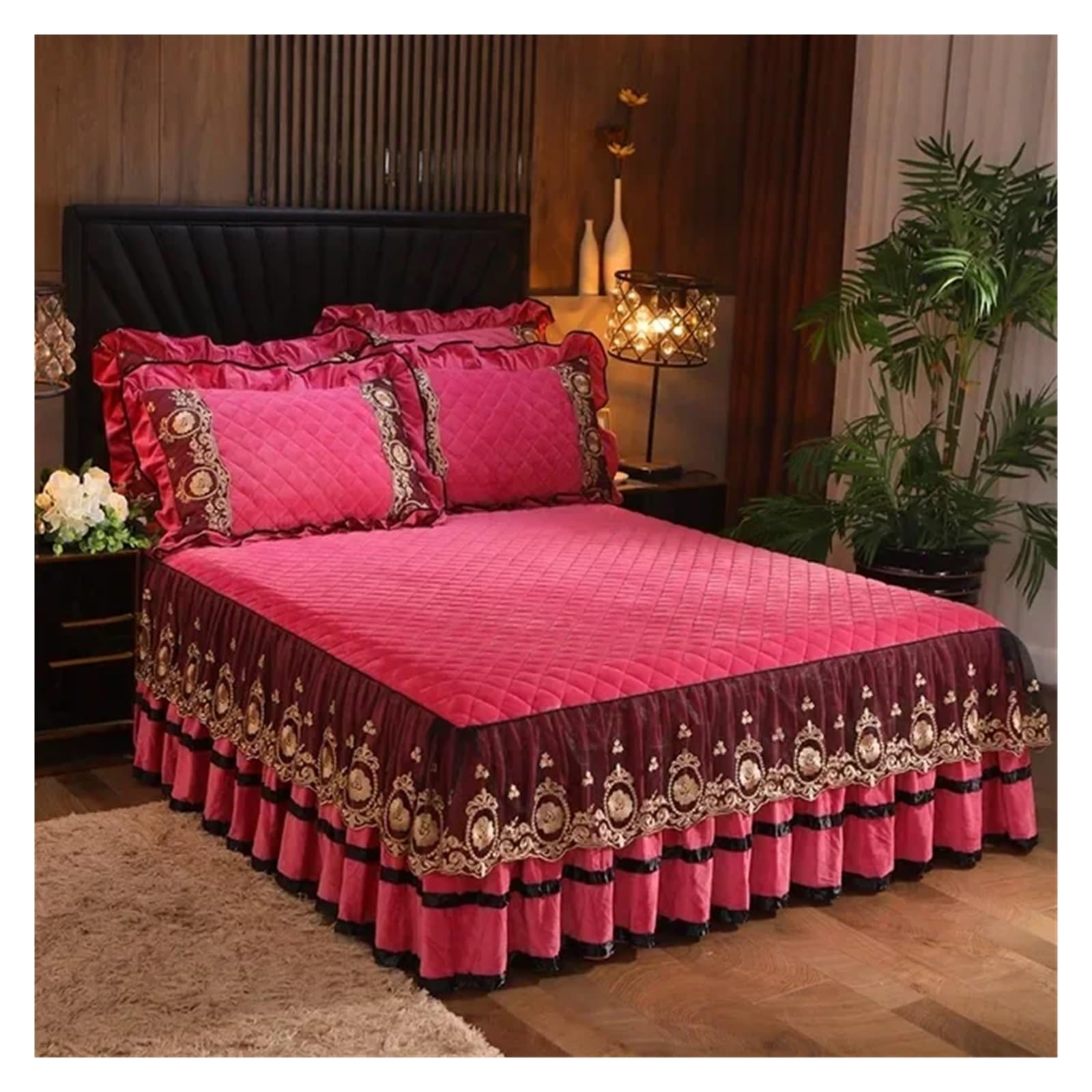 Lace Bed Skirt Bedspreads Bedding Thicken Velvet Plush Quilted Embossing Bed Spread For Home Not Including Pillowcase(03,2 Pillowcase 48x74cm)