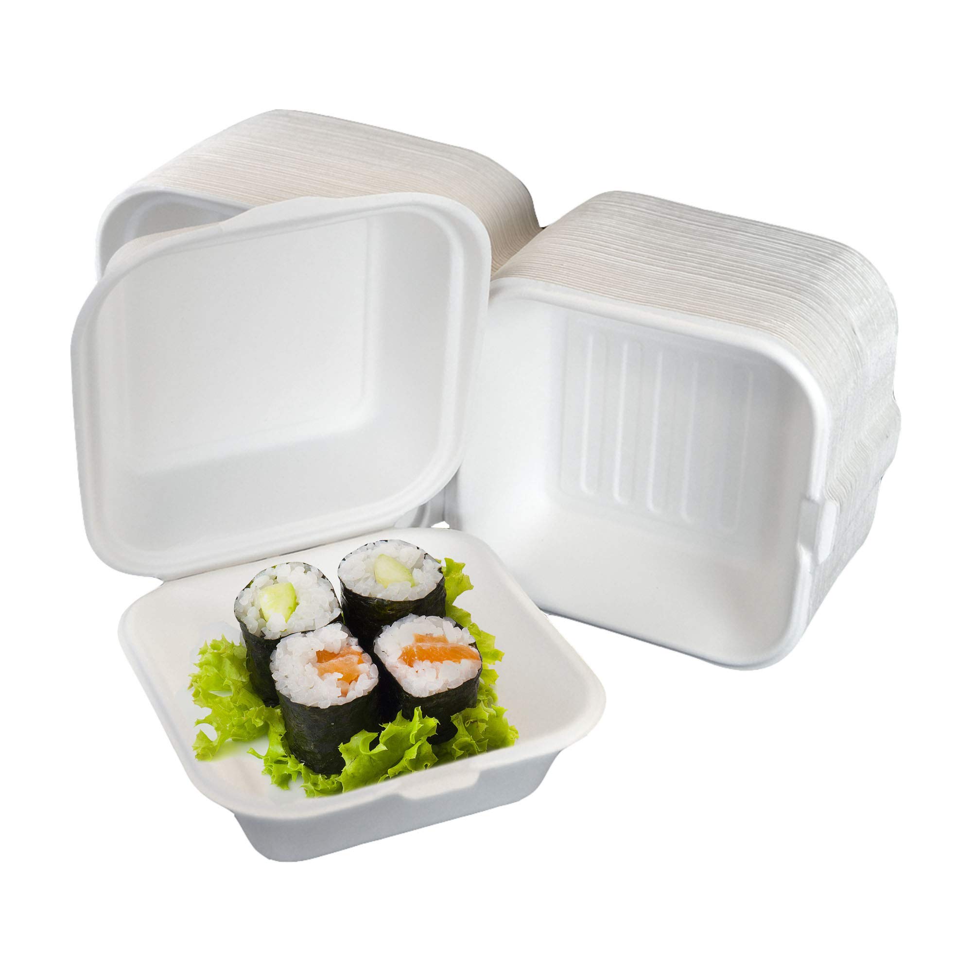 PZ 50 VASCHETTA RICHIUDIBILE IN POLPA DI CELLULOSA BIO COMP 15 x 15 x H 8,5 CM IDEALE PER L'ASPORTO DI CIBI COME SUSHI, FRITTI,HAMBURGER E PATATINE