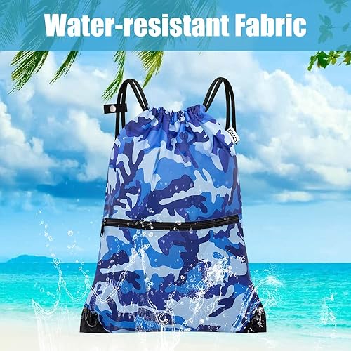 Miniatura 5 de Mochila deportiva con cordón, bolsa de gimnasio para yoga, viajes, para mujeres y hombres, tamaño grande con bolsillos con cremallera, Camuflado