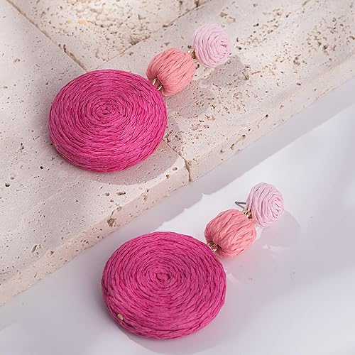 Miniatura 5 de Statement Raffia - Aretes redondos de bola colgantes de rafia, bonitos aretes bohemios hechos a mano para el verano para mujer