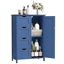 VASAGLE Mobile da Bagno, Mobiletto per Bagno Stretto, Organizzatore, Cassettiera, con 4 Cassetti, Anta, Ripiano Regolabile, 30 x 55 x 82 cm, Blu Porto LHC041QE02