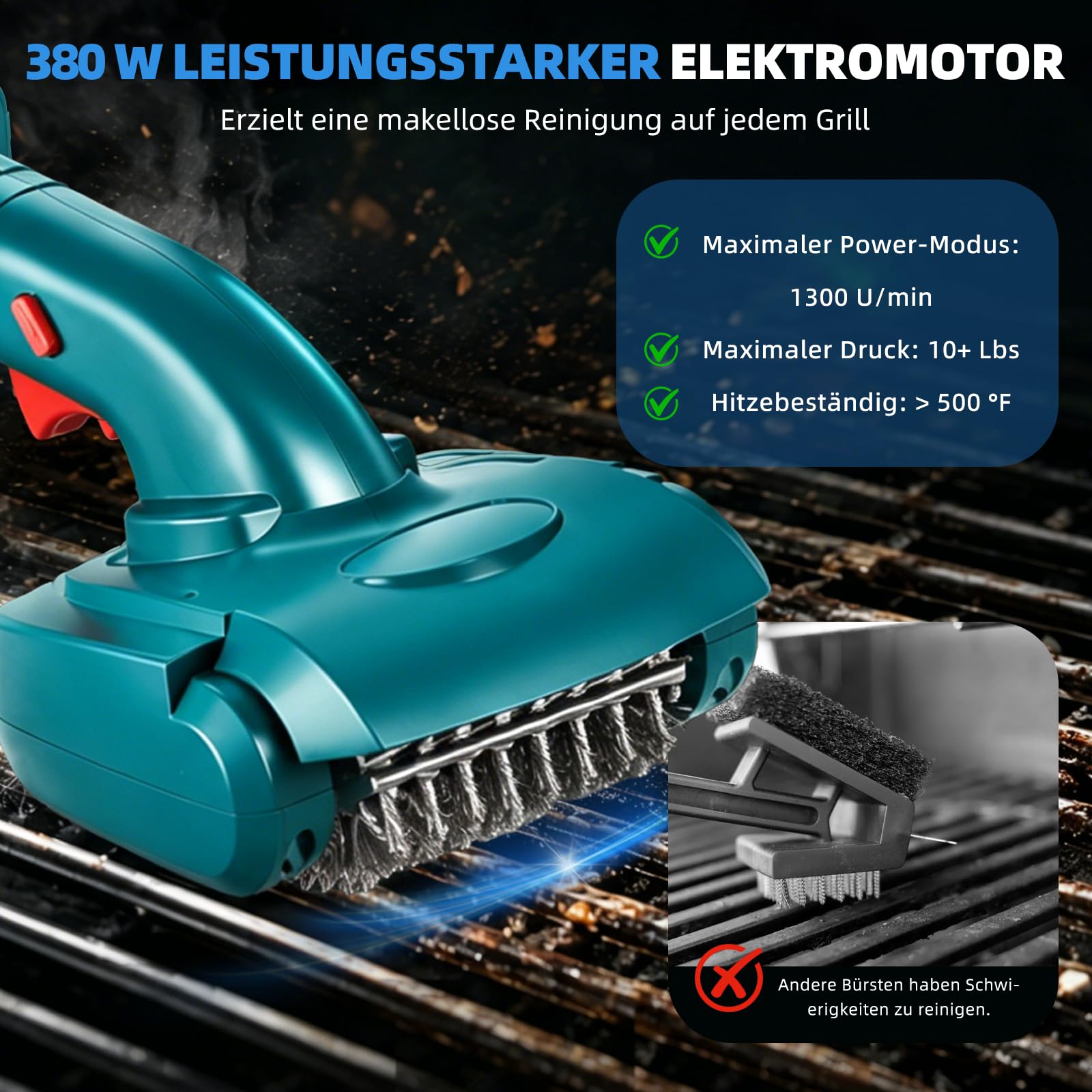 Elektrische Grillbürste für Makita 18V Akku, kabellos mit Edelstahl- & Nylonbürstenkopf, rotierend für Grillrost, Küche & Außenbereich (ohne Akku)