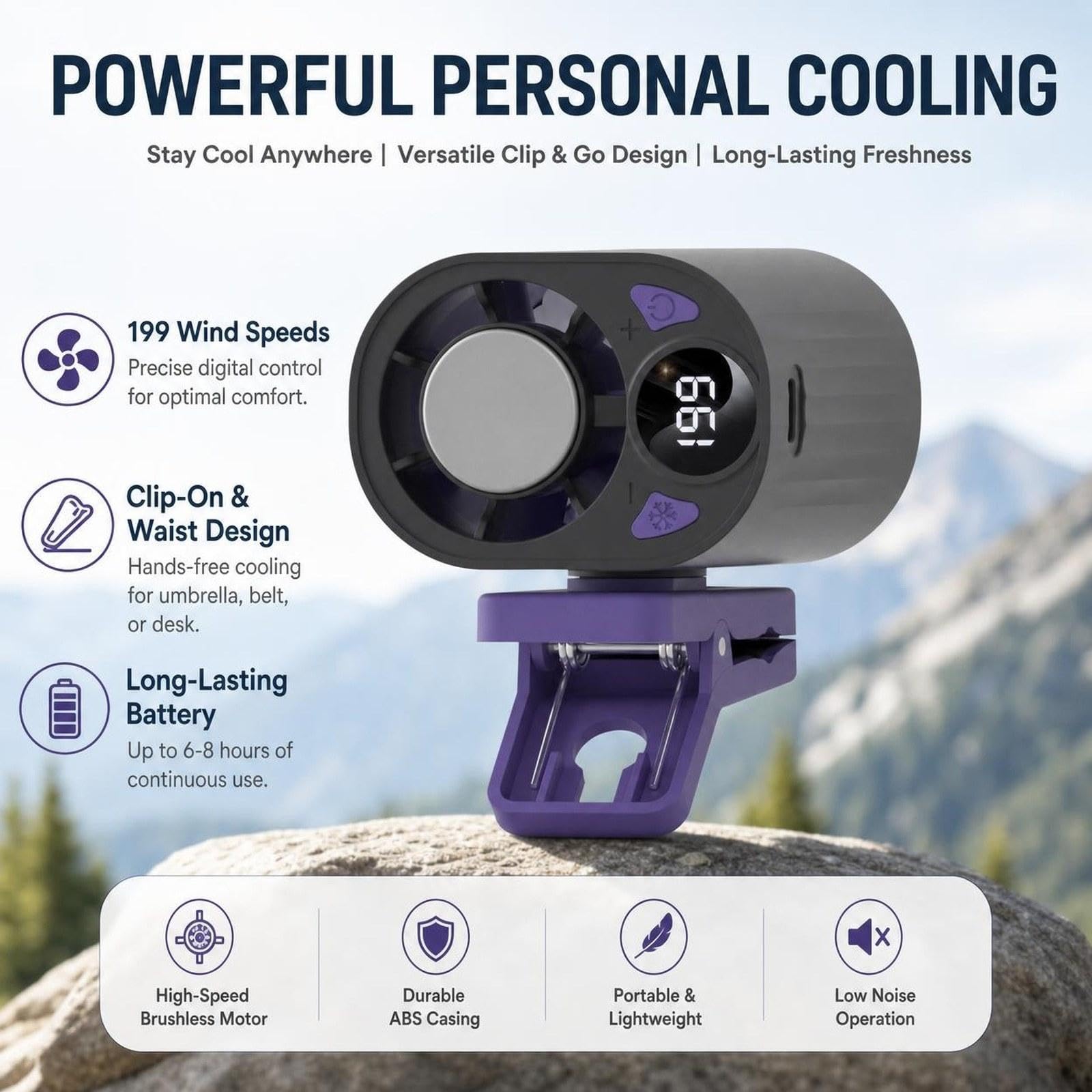 Clip On Portable Fan Ventilatore da Tavolo Portatile con Clip Resistente Ventola Mini Multifunzione con Schermo LED Regolazione velocità 199 Livelli M, Raffreddamento Nero
