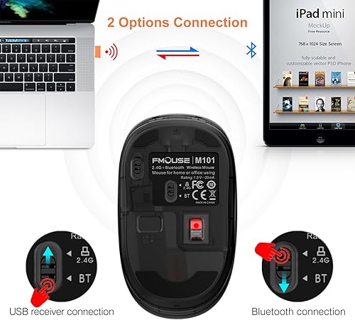Miniatura 2 de Ratón inalámbrico de modo dual Bluetooth y USB de 2.4 GHz, clic silencioso, ergonómico para oficina y estudio, batería AA (1 año de vida), portátil