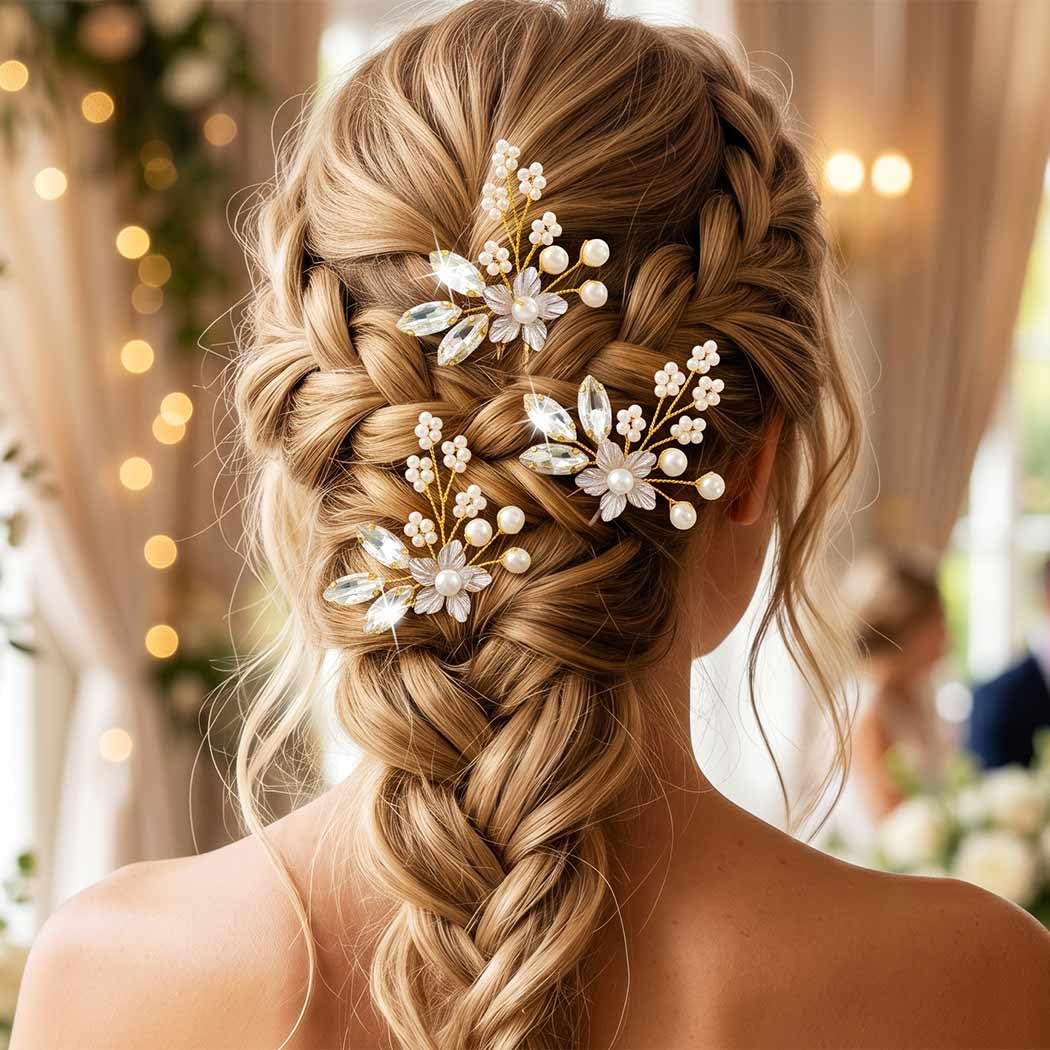 Heread Flower Bride Wedding Hair Pins Silver Pearl Bridal Hair Accessories Crystal Hair Pieces for Women and Girls (Pack of 3) (C Gold)