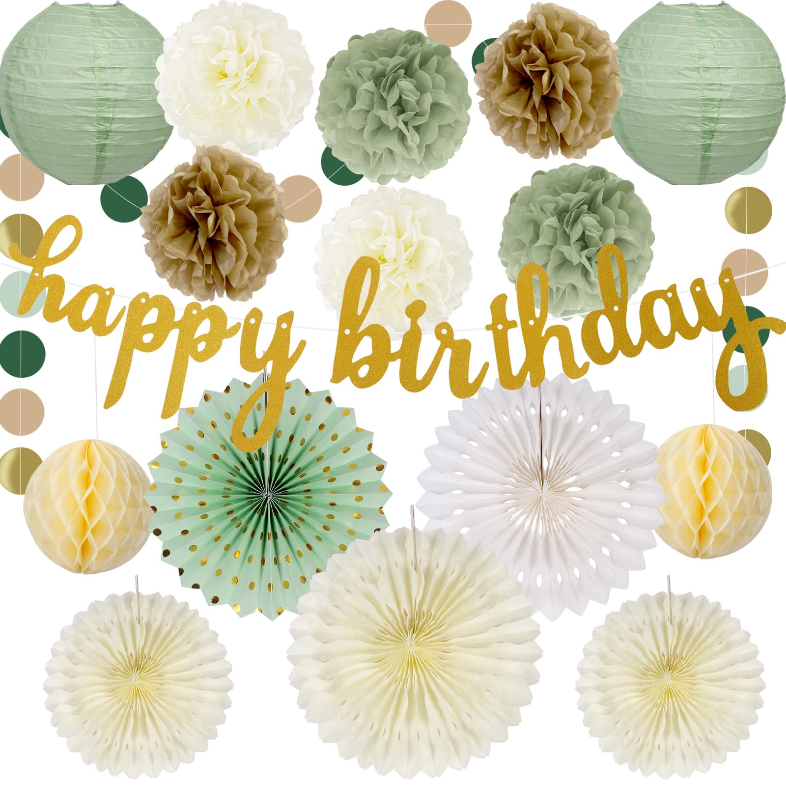 Paper Decorations for Party Happy Bithday Banner for Any Age Paper Fan Flower Decorations White Gold Green Beige Paper Pom Poms