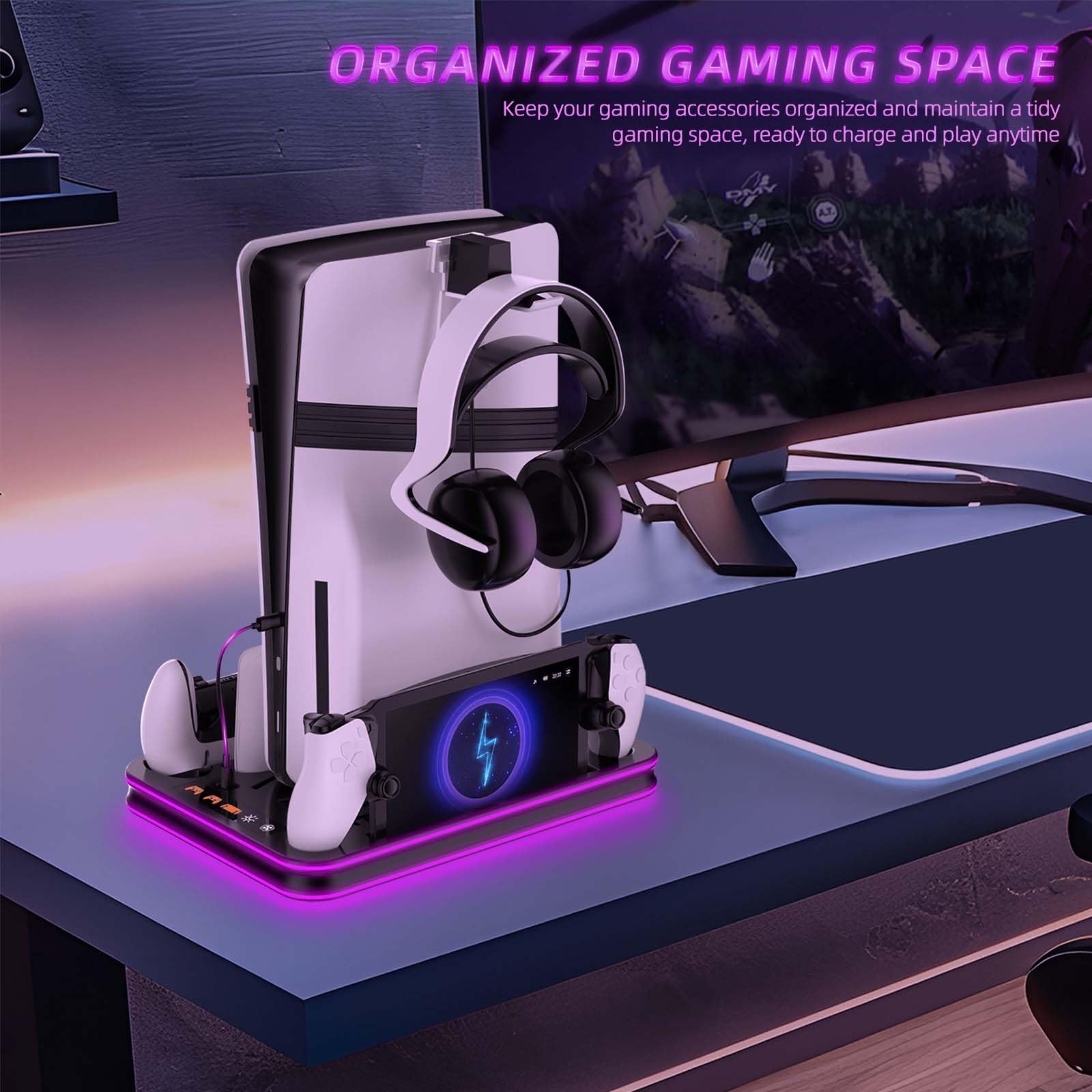 Support PS5/Slim/PS5 Pro avec PS Portal et PS5 Controller Station de Charge, Station Ventilateur de Refroidissement à 3 Niveaux lumières RGB (Noir)