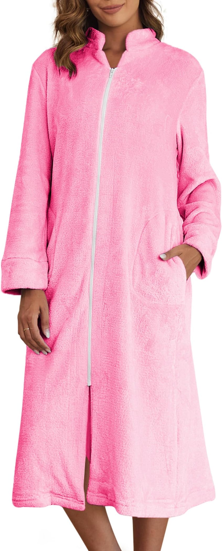 Ekouaer Women's Zip Up Robe Fleece Bathrobe Long Zipper Lounger Warm Housecoat Long Sleeve Nightgown with Pockets S-XXL