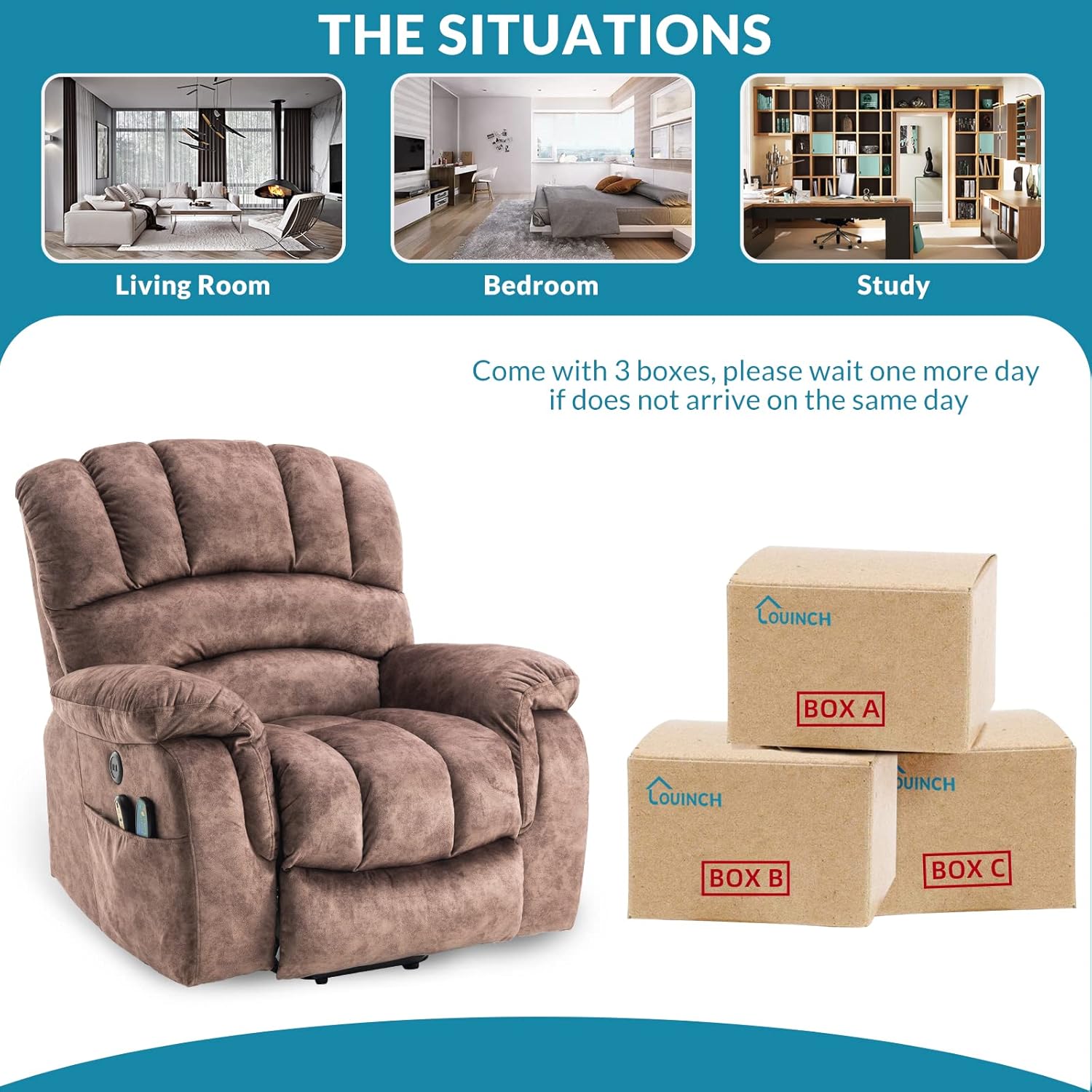 Large Power Lift Recliner Chair with Massage and Heat for Elderly Overstuffed Wide Oversized Electric Recliner with 2 Remote Controls, 2 USB Ports & 2 Side Pockets (Fabric Brown)