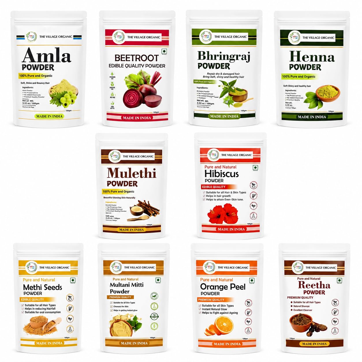 The Village Organic 10-in-1 Herbal Powder Combo for Skin & Hair Care | Amla, Mulethi, Multani, Orange Peel, Bhringraj, Beetroot, Methi, Hibiscus, Reetha (500g)-image-7