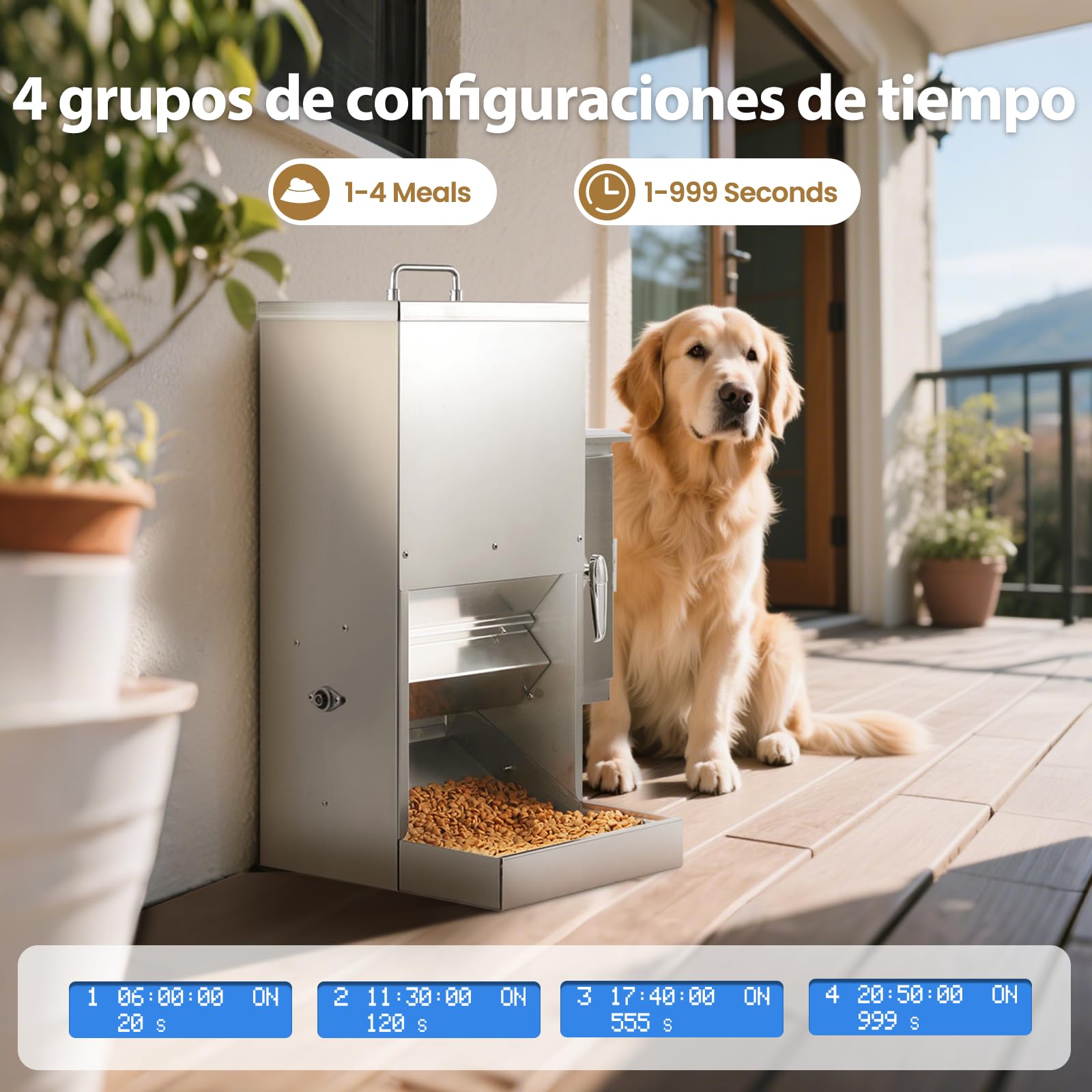 Alimentador Automático para Perros de 16L con Temporizador, Dispensador de Comida de Acero Inoxidable con Horario Programable para Perros Grandes o Gatos
