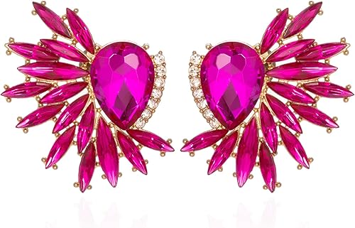 Vintage Hot Pink Rhinestone Statement Earrings Retro Fancy Crystal Cluster Drop 