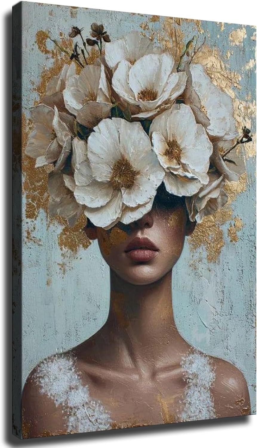 Modern Golden Petal Silhouette Wall Art, Floral Woman Portrait Face Wall Art, Contemporary Decoration Home Bedroom Wall Art Poster (Framed,20×30 inch)
