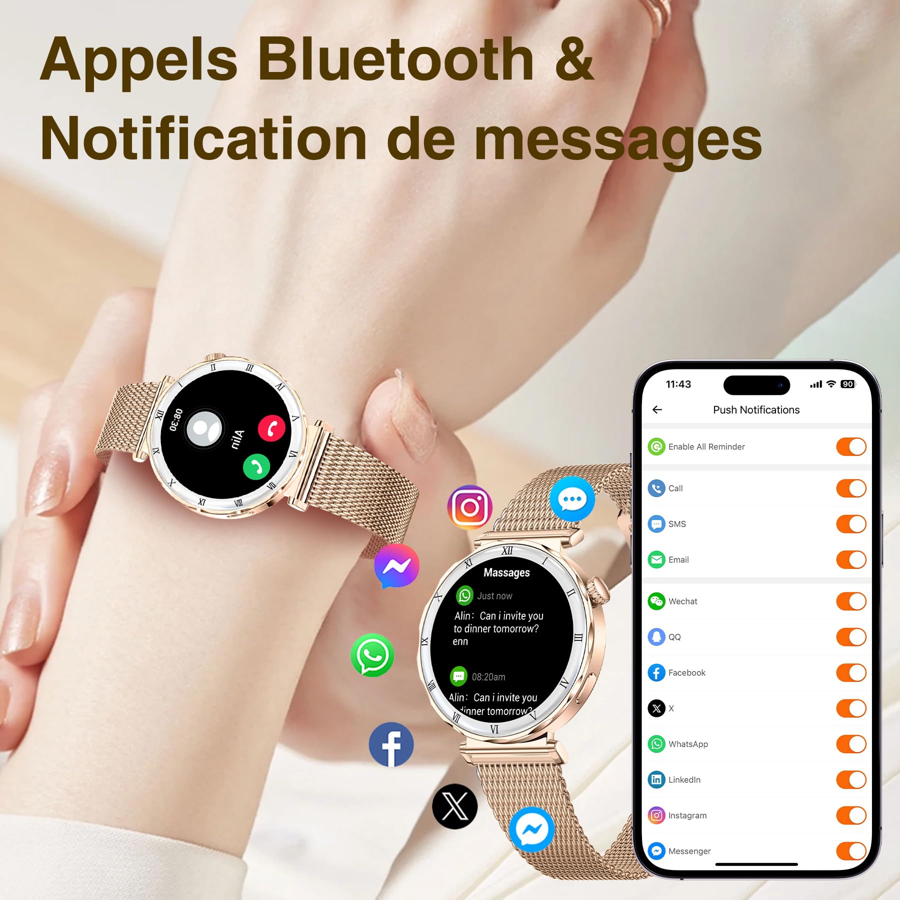 Montre Connectée Femme (3 Bracelets) 1,19" AMOLED Tendance Fitness Podomètre Smartwatch pour Android IOS avec Appel Bluetooth, Fonction Féminine/Cardio/Sommeil, 120+ Modes Sport Étanche IP68, Or Rose