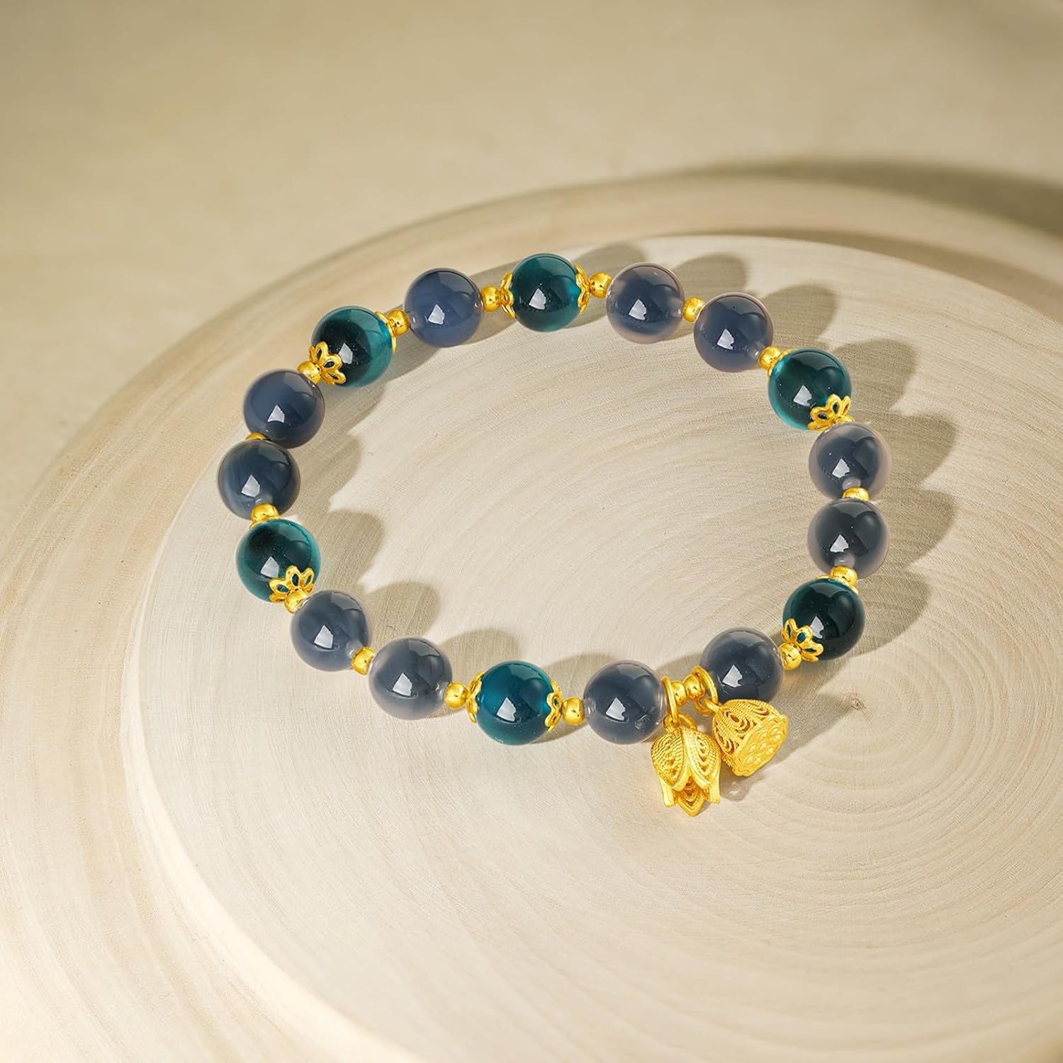 ZHOU LIU FU Sterling Silver Bracelet Chalcedony Beaded Bracelets Lucky Lotus Seedpod Stretch Bracelet Natural Gemstone Protection Bracelet for Women Lover Birthday Aniversary 6.7inch/17cm