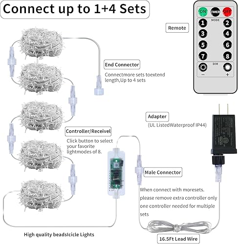 Miniatura 2 de 600 luces LED de carámbano de Navidad enchufables, 49 pies + 16 pies de cadena de luces colgantes con control remoto, 8 modos de luces parpadeantes