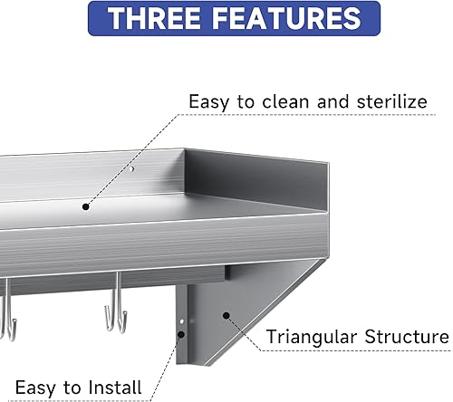 Miniatura 4 de Estante de acero inoxidable, estante de metal de 24 x 12 pulgadas, estante flotante de acero inoxidable montado en la pared con 5 ganchos para