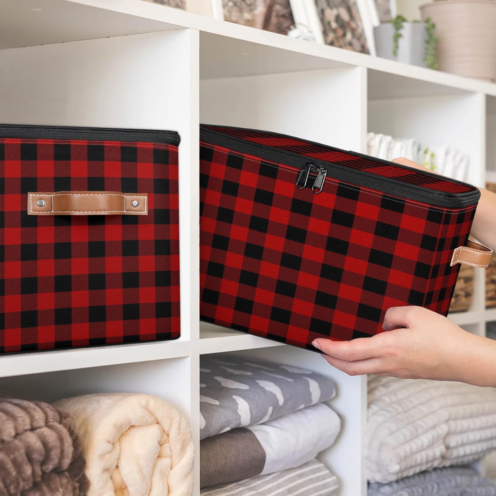 Cesta de almacenamiento grande a cuadros de Navidad con tapa de cremallera, cajas de almacenamiento plegables a cuadros de búfalo, organizador del hogar para ropa, dormitorio, sala de estar,