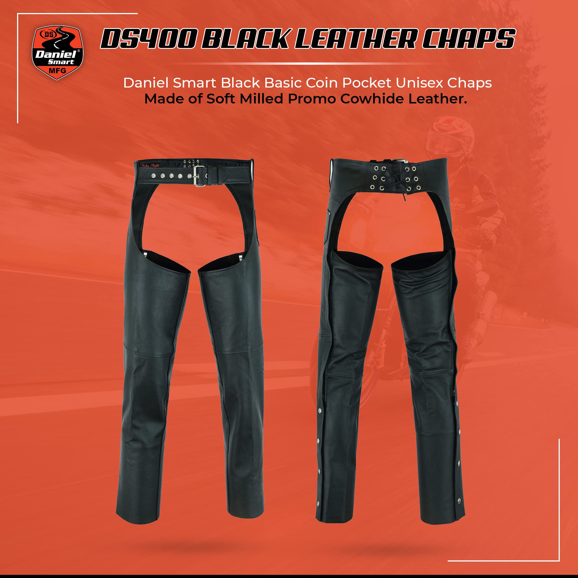 Daniel Smart Motorcycle Leather Chaps All Season Unisex Biker Assless Chaps with Customizable fit Black
