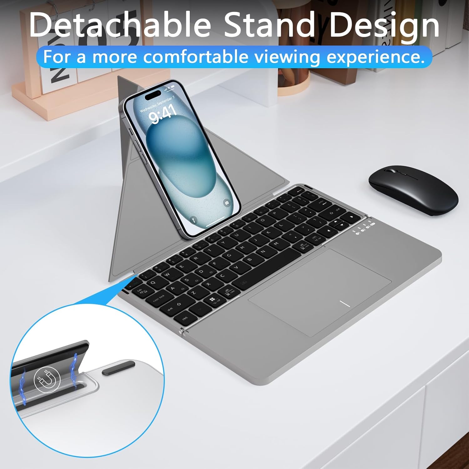 Foldable Keyboard and Mouse, MEKO Folding Wireless Bluetooth Keyboard and Mouse Combo Portable Travel Keyboard with Touchpad and Holster Stand for Business Travel Compatible Mac Laptop iPad Tablet