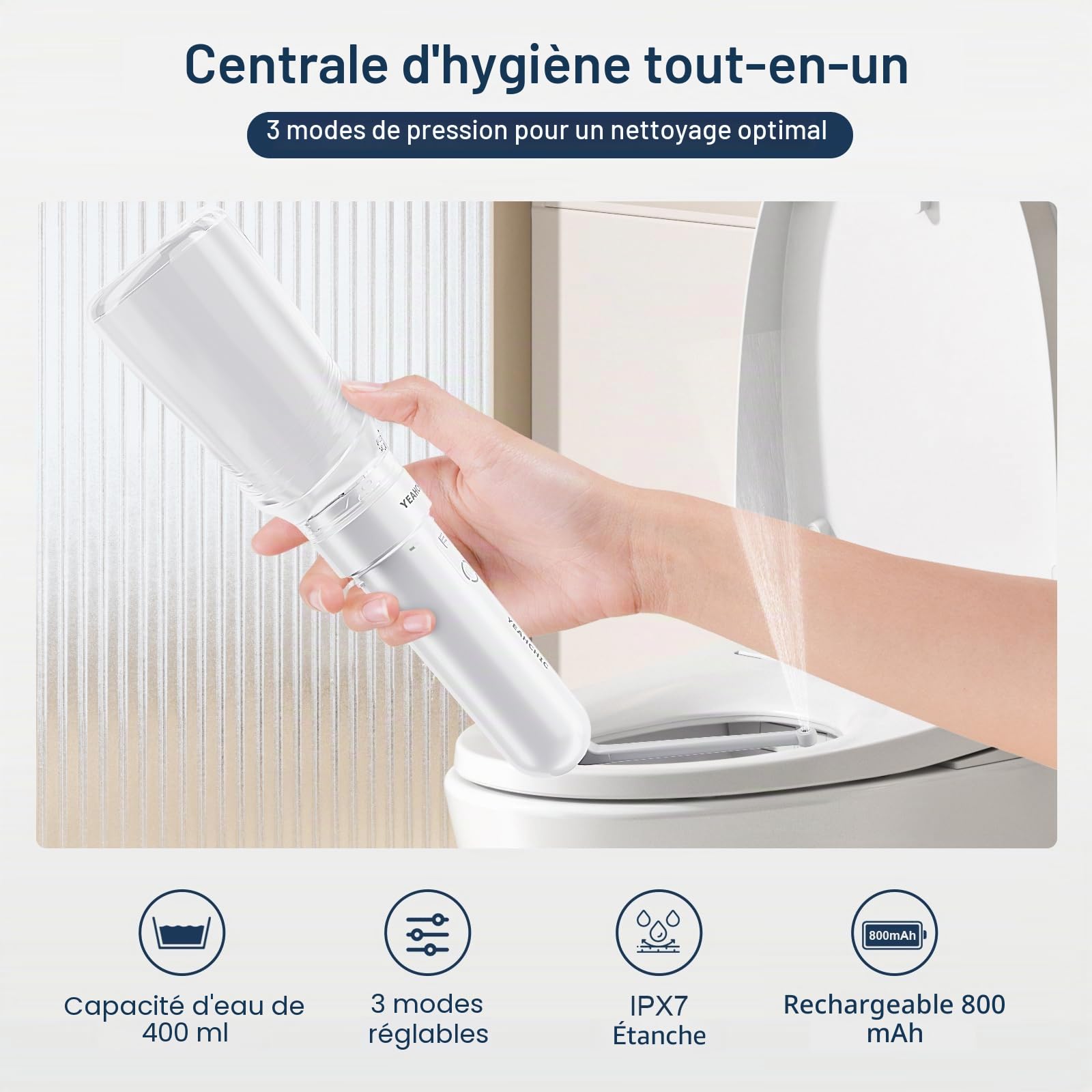 Bidet portable pour voyage – USB-C rechargeable, 3 modes, 400 ml, pulvérisateur étanche + 2 buses – Bidet portable pour bébé, bidet pour homme, bidet de voyage pour femme